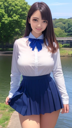 (masterpiece:1.2, highest quality), (Realistic, photoRealistic:1.4), Beautiful illustrations, (Natural Side Lighting, Cinema Lighting),
View your viewers, Cowboy Shot, Front view, 1 girl, Japanese, high school girl, Perfect Face, Cute and symmetrical face, Shiny skin,
(Middle Hair:1.2, Both sides up:1.2, Light brown hair), Golden Eyes, (big breasts:0.6, Captivating thighs),
Beautiful Hair, Beautiful Face, Beautiful fine details, Beautiful clavicle, Beautiful body, Beautiful breasts, Beautiful thighs, Beautiful feet, Beautiful fingers,
((White collared shirt with long sleeves, Navy Pleated Skirt, Blue bow tie)), Hair Ribbon,
(Beautiful views), evening, River side, walking, (Cute smile, Upward glance),