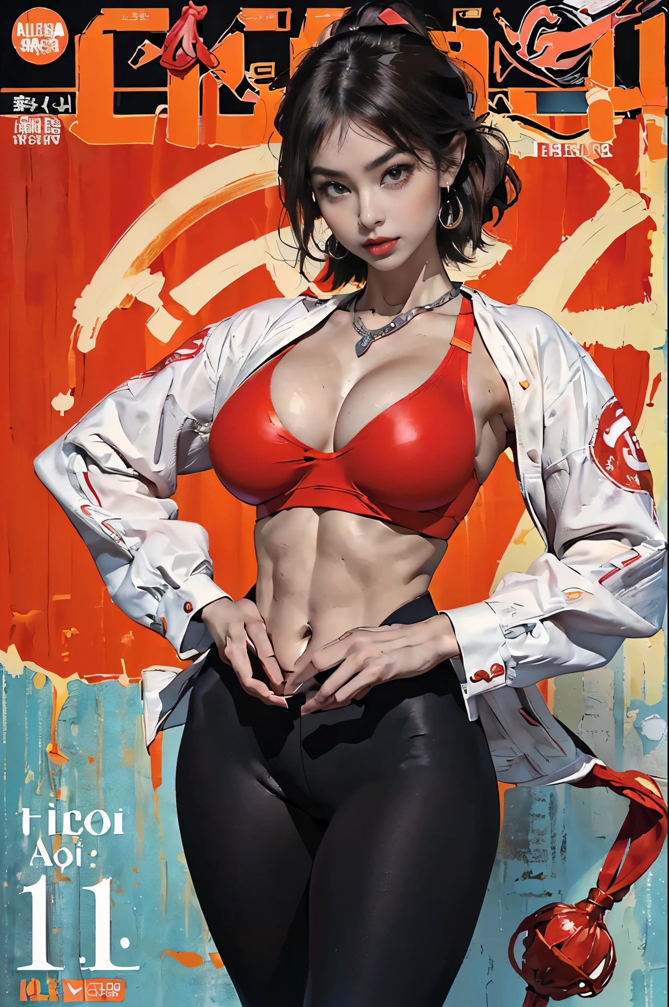 (NSFW, (masterpiece:1,2, best quality), (magazine cover), (colorful Magazine cover abundant with text), vibrant, eye-catching paintings, Comic cover style, glamorous, enticing, stylish, chic, high-fashion, captivating, elegant, trendy, fashionable, radiant, attention-grabbing, dazzling, sophisticated, stunning, dramatic, bold, Featured is Sachi, a graceful figure from Tokyo, Japan, ((who embodies the essence of elegance and charm)), (((She boasts a  stature, standing at 1.55 meters and weighing around 48 kilograms, epitomizing the blend of traditional Japanese beauty and modern allure))), (Her hair is always meticulously arranged), (Her eyes are gentle brown), ((and a physique with a flat abdomen)), ((a peachy posterior)), (((perfectly round, perky F-cup breasts))), accentuated by her modest demeanor, (((She is wearing a tight-fitting, fiery red sports bra from Lululemon that exposed her cleavages and accentuates her bust and highlights her toned abs))). (((Paired with a pair of form-fitting, high-waisted leggings in a spicy chili pepper hue from Alo Yoga that emphasize her curves while maintaining a modest appearance))), She accessorizes with a delicate silver necklace from Tiffany's, and wears a pair of sleek black Adidas Ultraboost shoes, providing a stark contrast to her vibrant outfit, (exceptionally detailed:1.3).