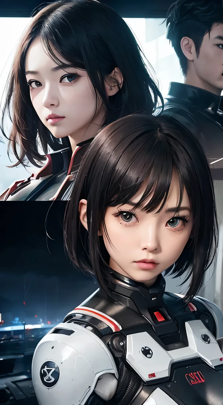 (RAW Photography:1.2)、(Photorealsitic:1.4)、(masterpiece:1.3)、(top-quality:1.4)、Woman standing in front of a group of robots、beautiful android woman、Beautiful Female Soldier、girl in suit、complex futuristic combat uniform、beautiful young Japanese woman、Highly detailed facial and skin texture、A detailed eye、double eyelid、cute face、(Short Bob:1.2)、(FULL BODYSHOT)、cowboy shot、angry expressions、Storms and epic war scenes、cyberpunk scene、Night、illuminations、