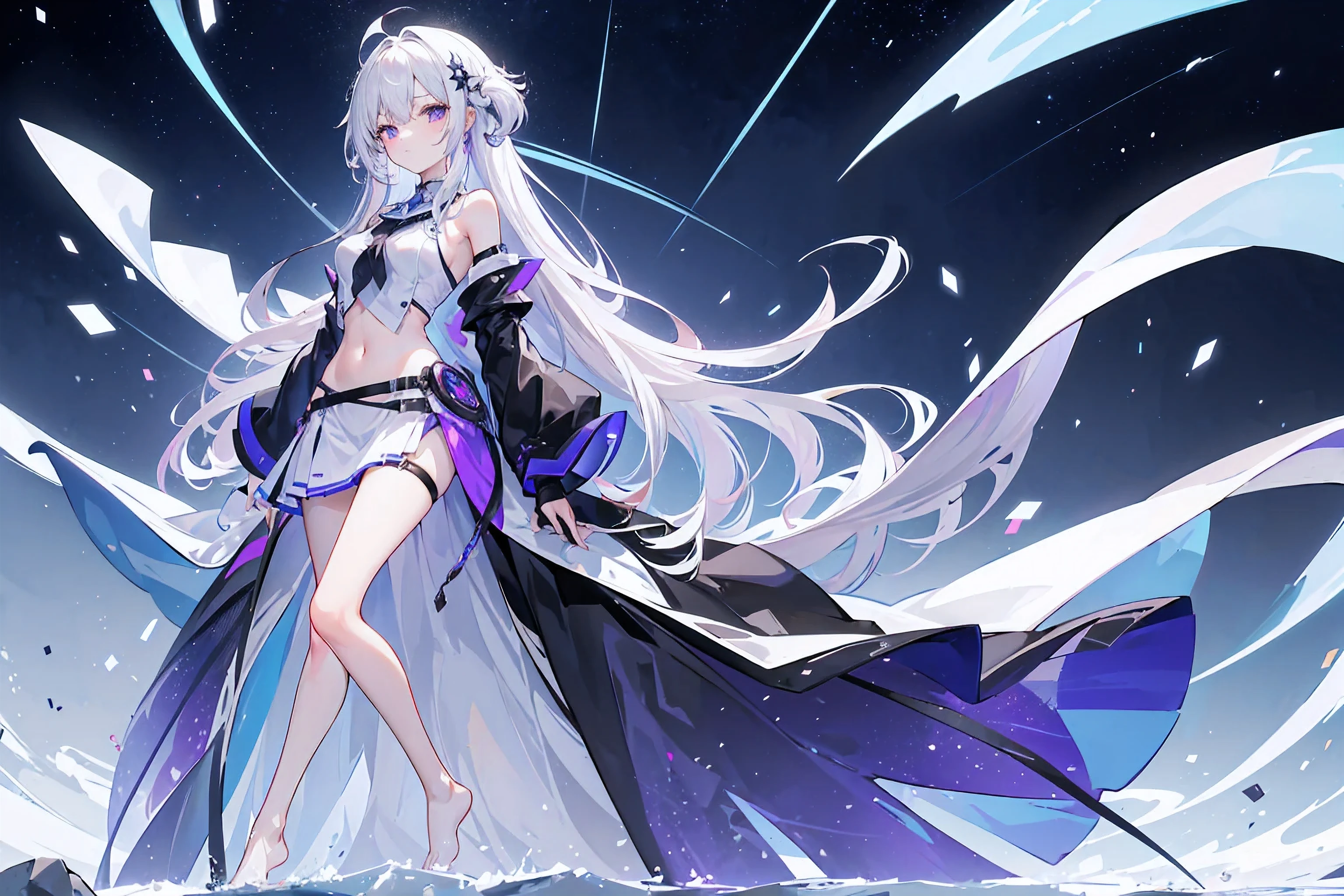 Lilac gradient hair,Asymmetrical hair,（（Hair is very thick 1.8，Clear head outline 1.6））， Hair over the shoulders, Messy hair, Very long hair, Shiny hair，(Long gray hair:1.2),A beautiful girl，（school uniform, Short skirt，Navel，bare shoulders）(Separate sleeves,Wide sleeves),(fingerless gloves)，（Transparent clothes transparent 1.8），Perfect body，Slender thighs，Slender，(Looks sad，Looks haggard ，Grief，shut your mouth：1.2） Against the backdrop of an unusually bright dark starry sky，（Put your hands behind you），（round,Room, Firm breasts），barefoot，float，water surface，（Long Law，Long Law，Long Law，Complete），Full body image，。