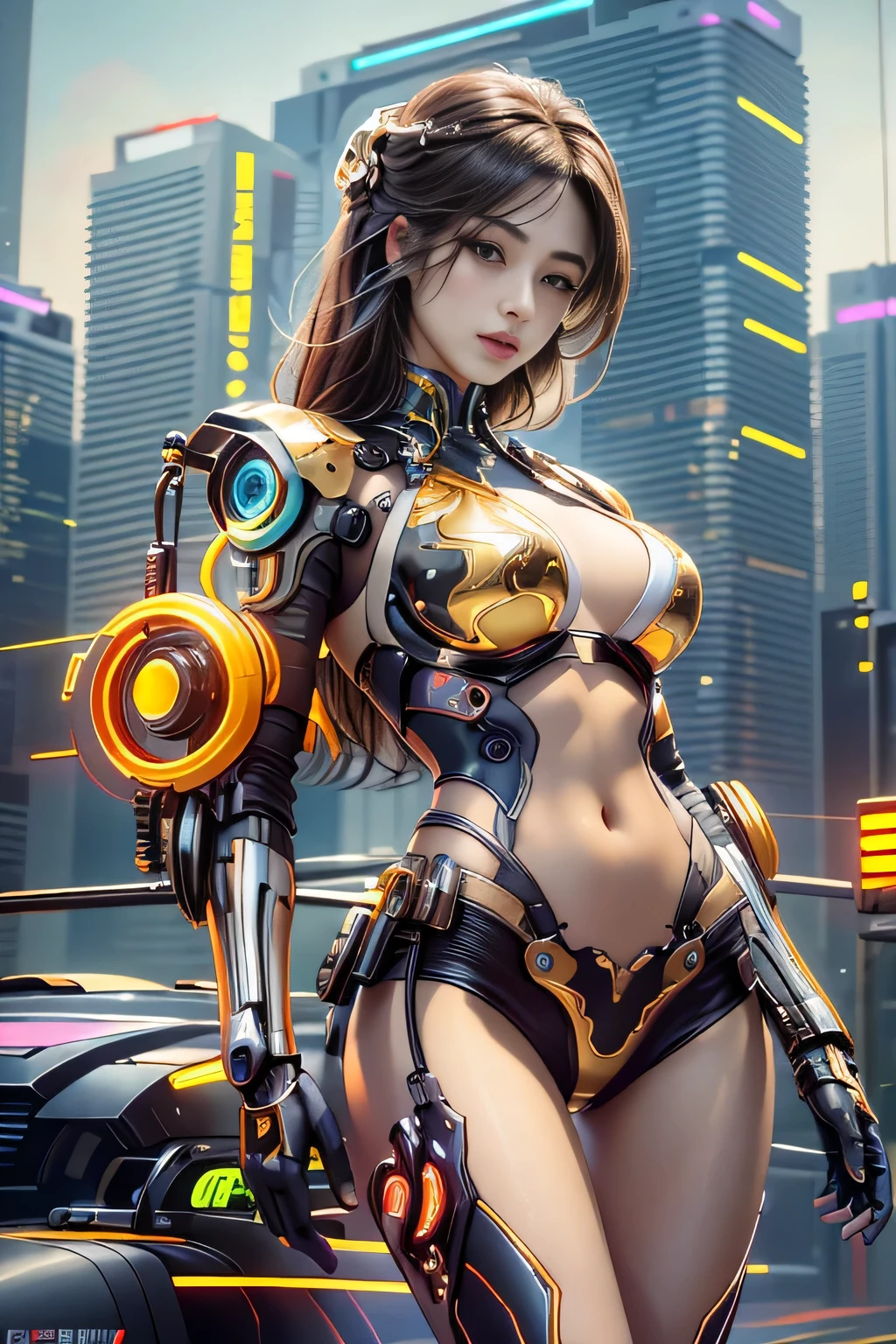 Virtual image,Realistic 8K images,hips up,Masterpiece,Complete Anatomy,Complete dynamic composition,morning sun,Light hits the front,young woman with long brown hair,staring at me.,A small but cute smile,The machine is connected to the machine..,Wear headphones with bright neon lights..,alone,,Has tattoos on his upper arms and stomach..,complicated details,Strange details,future world,Above expectations,Cyberpunk with bright neon lights all around..,Fiery cyberpunk,cybernetic robot((White-red-yellow-gold cyberpunk figure...)),Bikini body-,white tank top,The background of the large gears is deserted...