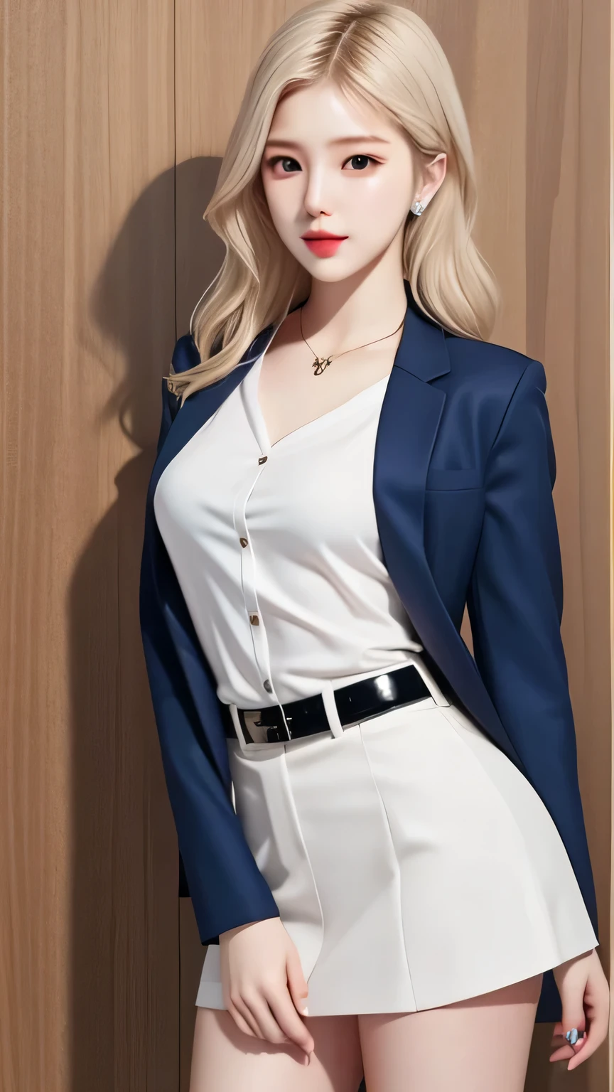 (Surrealism), (illustration), (high resolution), (8k), (Very detailed), (best illustration), (Beautiful and delicate eyes), (best quality), (Ultra Detailed), (masterpiece), (wallpaper), (Delicate face), Realistic skin, Anatomically correct, Solitary, 1 girl, (Wavy white hair:1.2), (Beautiful Suzy:1.7), (Beautiful and cute JAV idol:1.7), Heterochromic Eyes, (Detailed blue eyes), There is a small mole under the eye, (A faint smile:1.1), (Large Breasts:1.2), Navy blue formal blazer, White shirt, Black mini skirt, Long legs, Firm abdominal muscles, Dynamic poses,