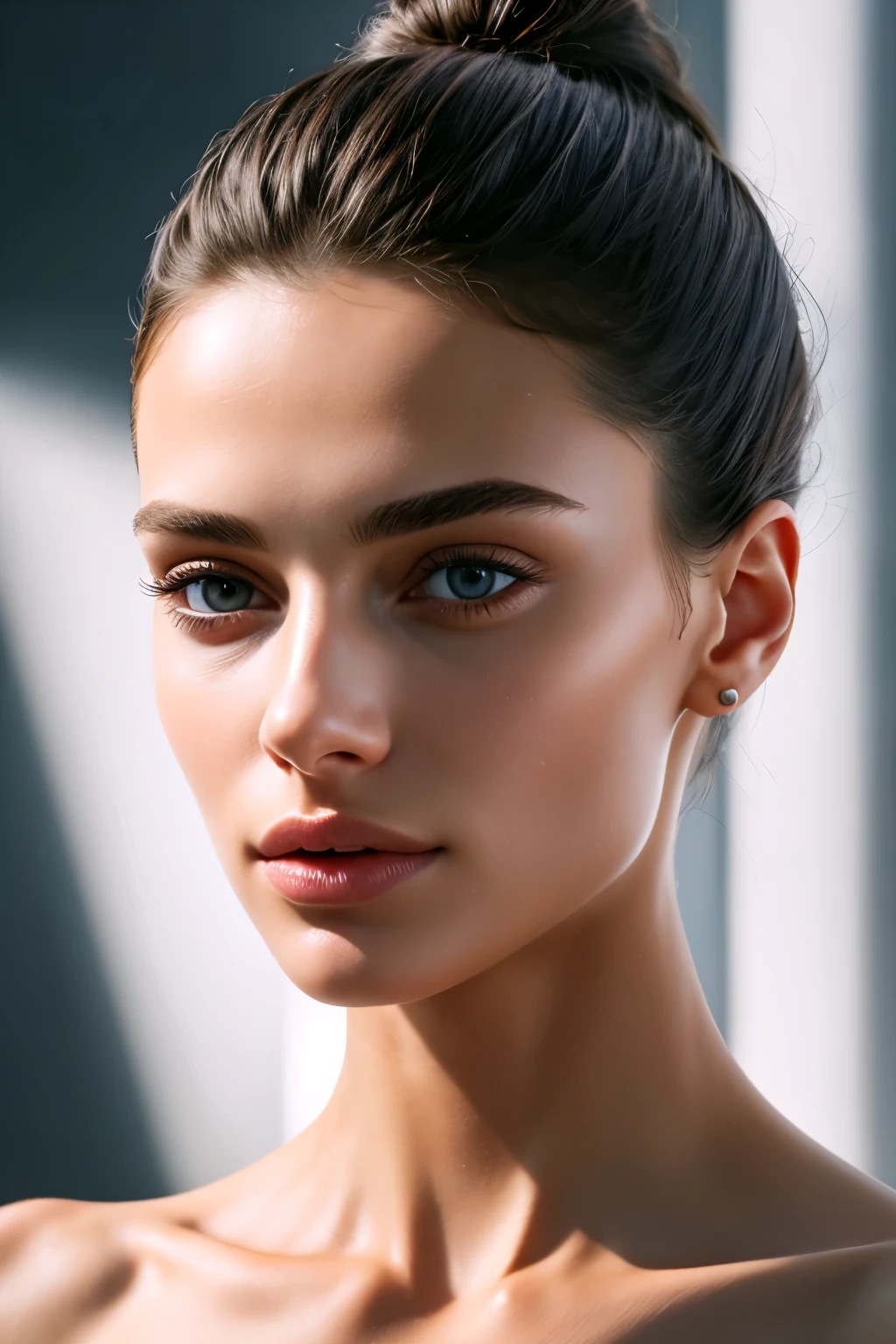 a close-up image of a beautiful woman, 25 years old, realistic skin, super defined and contoured lip contour, tanned Skin, beautiful face, no makeup, no eyeliner, no eyelashes, (eyelashes not be visible), (should not be visible), Closed lips, voluminous lips, small eyes, super defined and detailed eyebrows, extremely symmetrical face, Hair tied back, extremely fine details, Ultra defined realism, ultra HD 8K resolution, extremely realistic and detailed skin, no visible shadows, defined eyebrows, substance painter render, (Hair cannot be in front of the face), 8k, best quality, masterpiece, realistic, ultra detail, photo realistic, hyper realistic, smoother lighting, increase cinematic lighting quality, realistic lighting, backlighting, brightening light, Increase quality, best quality real texture skin, close-up, slender,