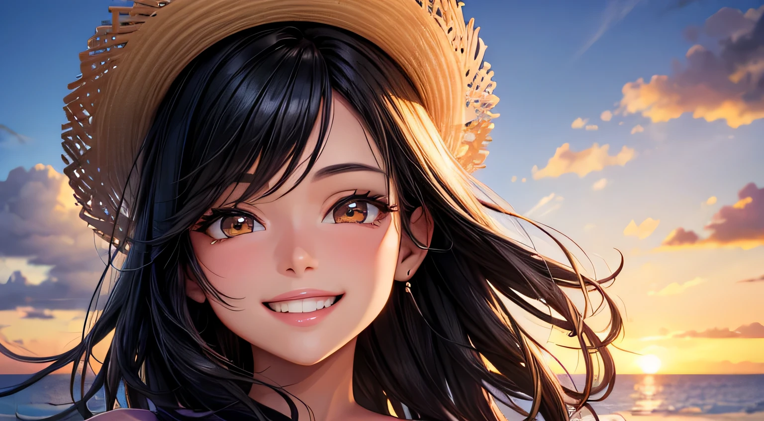 smile A big smile woman Black Hair Sunset coastal Detailed facial depiction Detailed hair depiction