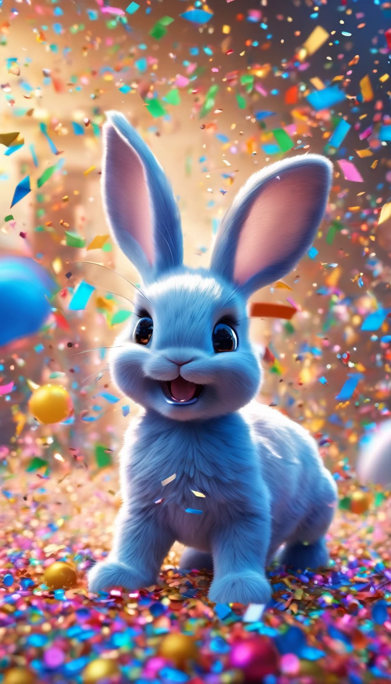 During the festival,Cute blue bunny excitedly playing in a cloud of colorful confetti, Confetti falling around happy puppy, Ultra Detailed, Delicate matte, Unreal Engine 5, Beautiful composition, dark, excellent, Intricate details, Fantasy concept art, 8k resolution, HD resolution