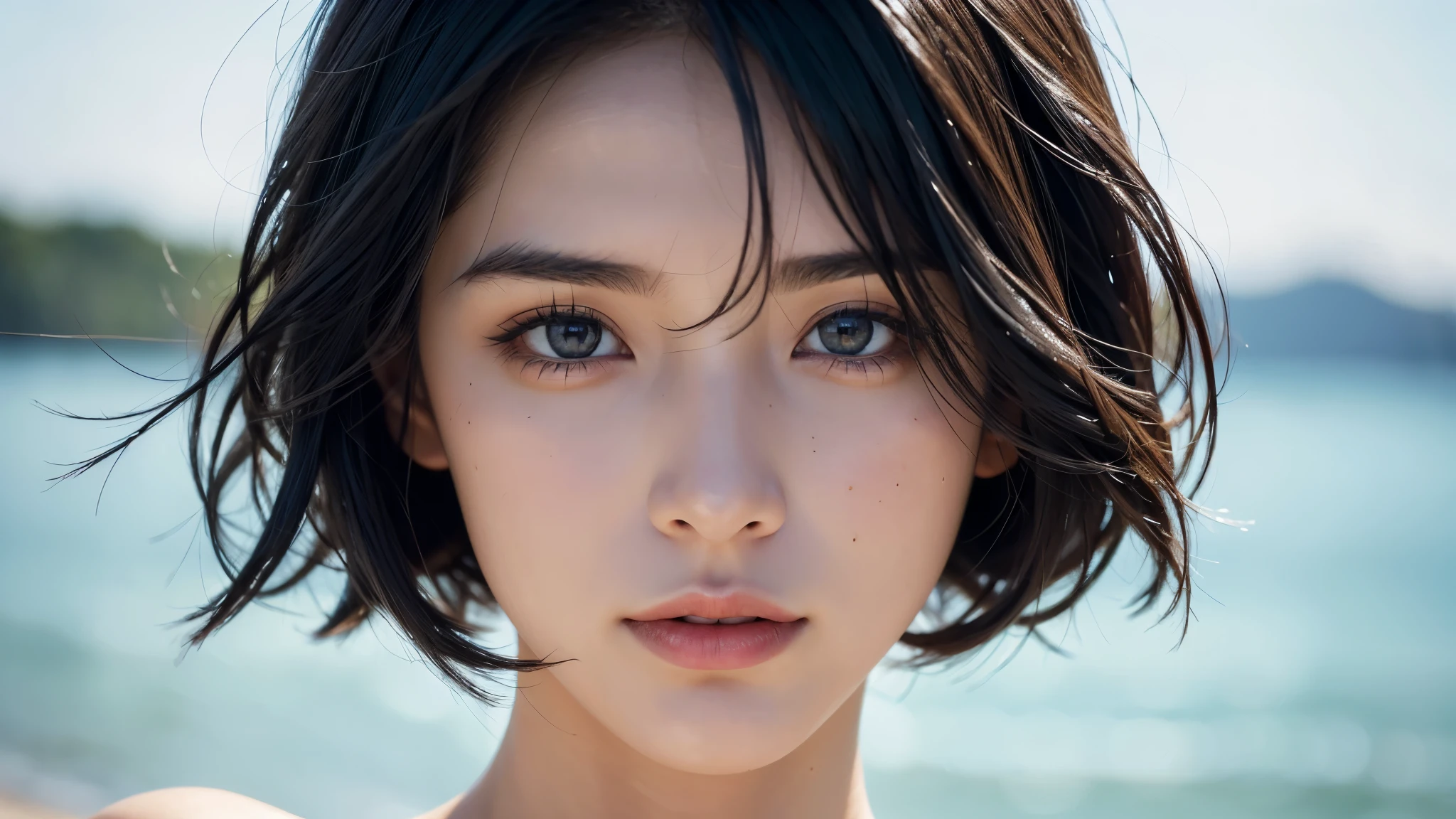 , blown by the long wind [Blue-black:.3] hair,looking at the viewer, (masterpiece:1.3), (8K, realistic, Raw photo, highest quality: 1.4), Japanese, (1 girl), beautiful face, (realistic face), (black hair, short hair:1.3), beautiful hairstyle, realistic eyes, detailed and beautiful eyes, (realistic skin), beautiful skin, Charm, ultra high resolution, surreal, very detailed, golden ratio,