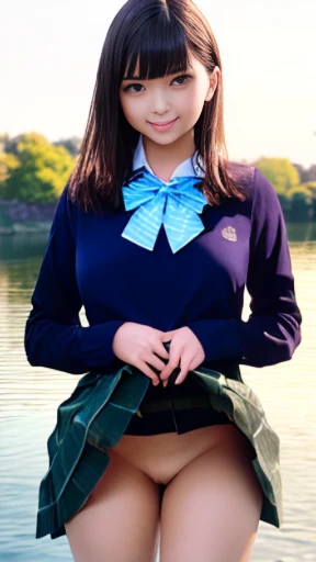 (masterpiece:1.2, highest quality), (Realistic, photoRealistic:1.4), Beautiful illustrations, (Natural Side Lighting, Cinema Lighting),
View your viewers, Cowboy Shot, Front view, 1 girl, Japanese, high school girl, Perfect Face, Cute and symmetrical face, Shiny skin,
(Middle Hair:1.2, Both sides up:1.2, Light brown hair), Golden Eyes, (big breasts:0.6, Captivating thighs),
Beautiful Hair, Beautiful Face, Beautiful fine details, Beautiful clavicle, Beautiful body, Beautiful breasts, Beautiful thighs, Beautiful feet, Beautiful fingers,
((White collared shirt with long sleeves, Navy Pleated Skirt, Blue bow tie)), Hair Ribbon,
(Beautiful views), evening, River side, walking, (Cute smile, Upward glance),