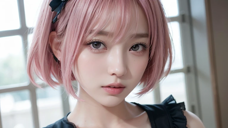 (Bob Cut Hair, Pink Hair:1.2),(wearing black Gothic Lolita clothes:1.2),1 girl,Japanese,21 years old,(Small breasts:1.3),(highest quality,masterpiece:1.3,超A high resolution,),(Ultra-detailed,Caustics),(Photorealistic:1.4,RAW shooting,)Ultra-Realistic Capture,Very detailed,High resolution 16K human skin close-up。 Natural skin texture、,Pores、、It needs to be detailed enough to be easily identifiable。 Skin should be even-toned and healthy looking。 Use natural light and colour, Sad expression, Looking at the camera, Perfect dynamic composition, Inside the church