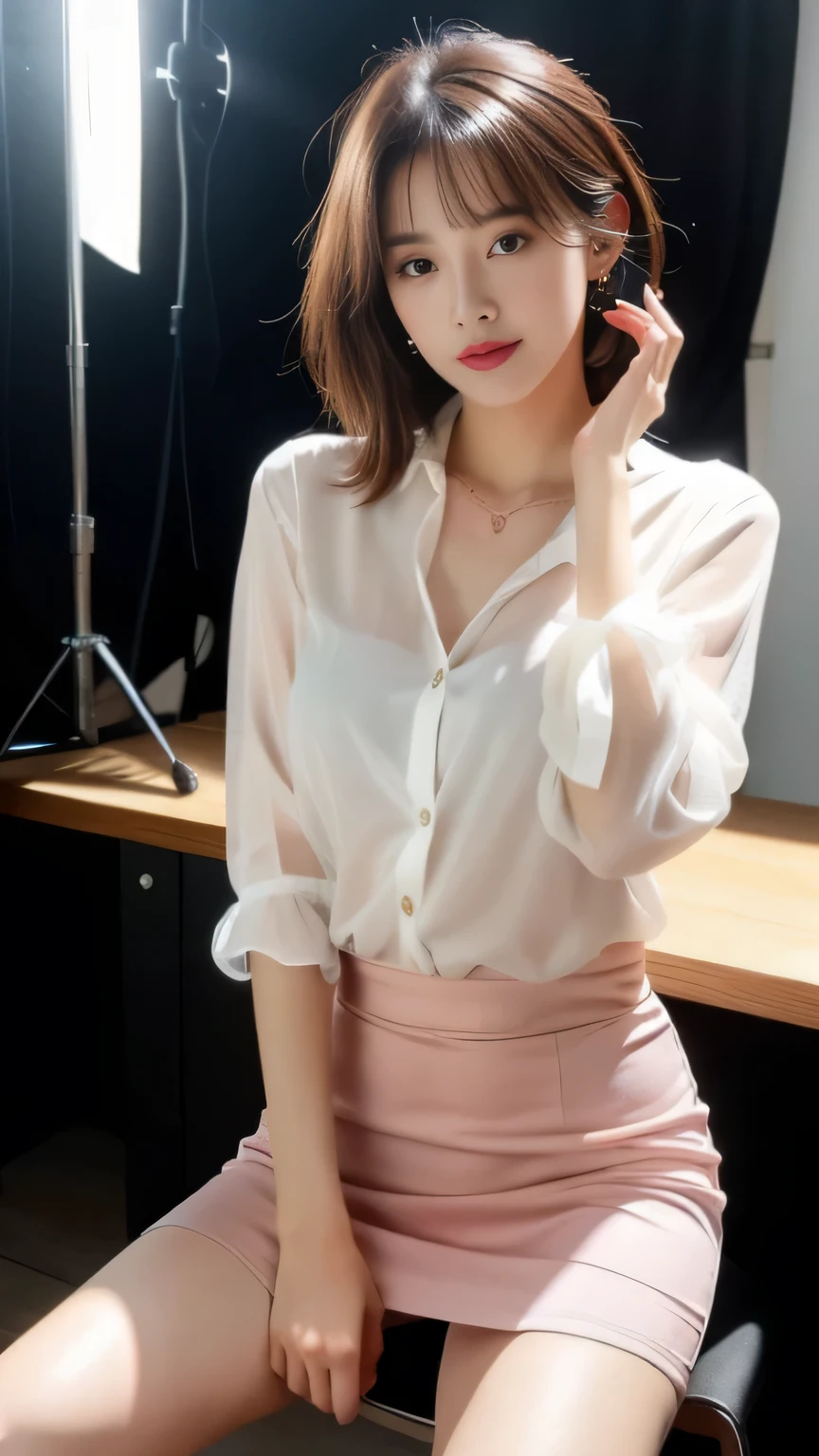 ((highest quality、8k、masterpiece: 1.3))、Perfect body beauty: 1.4、Slim Abs: 1.2、beautiful woman with slim abs:1.3、(Highlight Haircut、Breast A cup:1.2), Small breasts, Round shaped breasts, Perfectly shaped breasts, (((loose sheer shirt))), (good, ), Simple Necklace, Ultra detailed face、18-year-old、 Beautiful woman、(Dark brown shortcuts), Slim face、Highly detailed face and skin texture、Highly detailed lips、Spread your legs、highest quality、masterpiece、超A high resolution、(Photorealistic:1.4), I walked with confidence, Open your arms, Long Shot , (Outdoor), Light background, Sunset Light,

((News program studio, Open glass windows:1.2)),
((Beautiful female announcer,White tight blouse,Tight skirt:1.5)), 
((A gaze that seduces men, Put your hands inside your blouse:1.5)),
((Gorgeous Earrings, Silver Necklace)), 
((Bright lighting, Foliage plant:1.2)),

Ultra-detailed skin, Fair skin, Glossy Skin, Ultra detailed face, 
Slim face contour, Beautiful small face, Beautiful straight nose, 
Ultra-detailed eyes, Slit eyes, Brown eyes, double eyelid, Ultra-thin eyebrows, Thin, long eyelashes, 
Ultra-detailed lips, Plump and moisturized lips, glossy pink lips, Flushed Cheeks, ((White beautiful teeth)), 
Beautiful actress&#39;s ennui makeup, Pink lipstick, 
Dark Brown Hair, Delicate soft hair, Hair blowing in the wind, 
(Put your hair up, Medium Short Hair, ponytail:1.2), 
Layered Cut, (Blunt bangs:1.2), 
Cute smile, Mouth half open, A dreamy look, ((Staring at the viewer)), 
(((Photorealism,Shoot the whole body from the thighs:1.2))), ((The body is facing sideways)), 
Dynamic Lighting, 

((Raise your face slightly)),
((Squinting)), 
((pursing lips:1.2)),
((Blushing)),
((The cleavage between her breasts is fluffy)), 