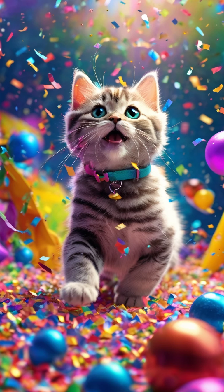 During the festival，Cute rainbow colored cat playing excitedly in a colorful confetti cloud, Confetti falling around happy puppy, Ultra Detailed, Delicate matte, Unreal Engine 5, Beautiful composition, dark, excellent, Intricate details, Fantasy concept art, 8k resolution, HD resolution