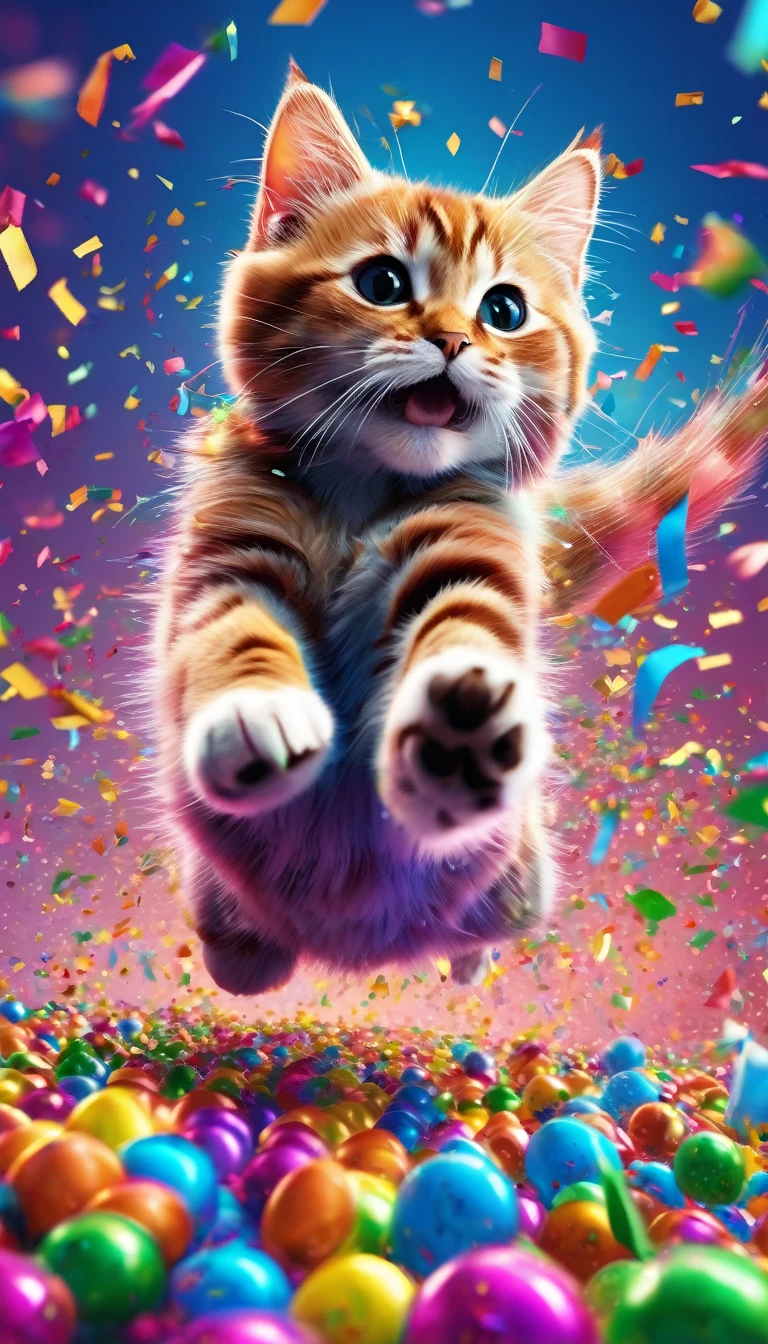 During the festival,Cute rainbow colored cat playing excitedly in a colorful confetti cloud, Confetti falling around happy puppy, Ultra Detailed, Delicate matte, Unreal Engine 5, Beautiful composition, dark, excellent, Intricate details, Fantasy concept art, 8k resolution, HD resolution