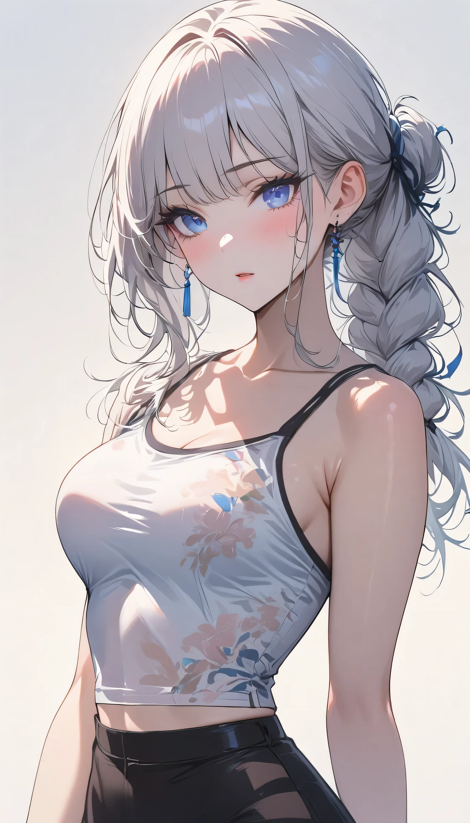 (masterpiece, best quality:1.2), 1 girl, White hair, white eyelashes, blue eyes, braided ponytail, tank top
