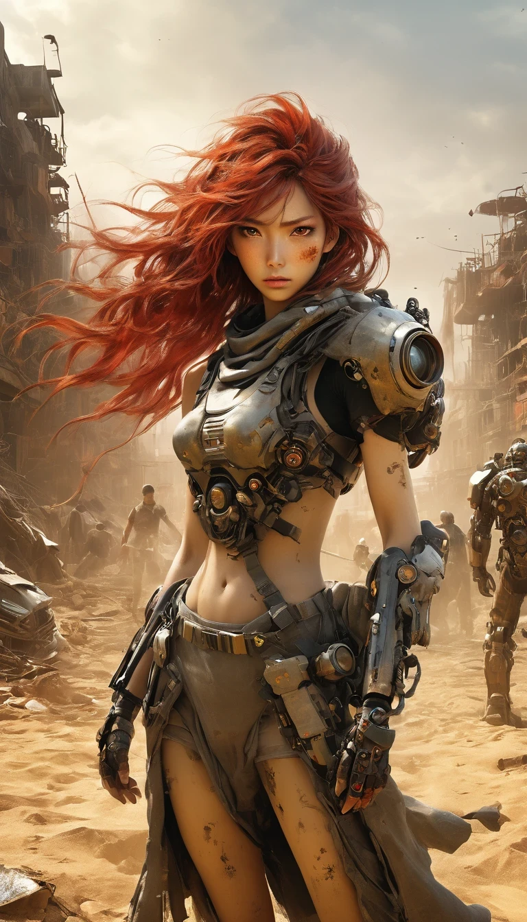 UHD, masterpiece, textured skin, high details, high quality, award winning, best quality, highres, 16k， Post-apocalyptic wasteland，（A very beautiful and powerful heroine in the doomsday world），Mecha Clothing，Extra long red hair，Beautiful Asian face，, mechanical, Glass mask passes light through, Delicate skin texture, Determined gaze，It&#39;s the scorching sun and strong wind，Yellow sand rolling，The broken eaves and broken walls are everywhere, and the scene is desolate.。In a post-apocalyptic environment，Regardless of appearance or practicality，Everything is for survival，Exaggeration in appearance，Can make enemies feel fear。Many items are basically worn out.，Rust，The form of splicing，Add splash graffiti to create the environment of a wasteland world。Elements such as neon lights will often appear in Post-apocalyptic wasteland。The most important point is that the wasteland world is a world after the collapse of technological civilization.，Productivity setbacks，Material resources are extremely scarce，