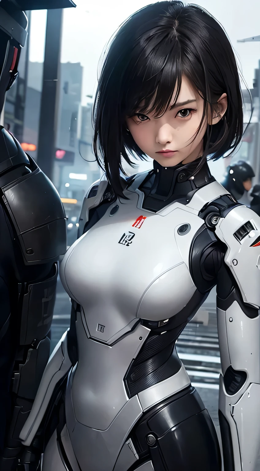 (RAW Photography:1.2)、(Photorealsitic:1.4)、(​masterpiece:1.3)、(top-quality:1.4)、Woman standing in front of a group of robots、beautiful android woman、Beautiful Female Soldier、girl in suit、complex futuristic combat uniform、beautiful young Japanese woman、Highly detailed facial and skin texture、A detailed eye、double eyelid、cute  face、(Short Bob:1.2)、(FULL BODYSHOT)、cowboy  shot、angry expressions、Storms and epic war scenes、cyberpunk scene、Night、illuminations、