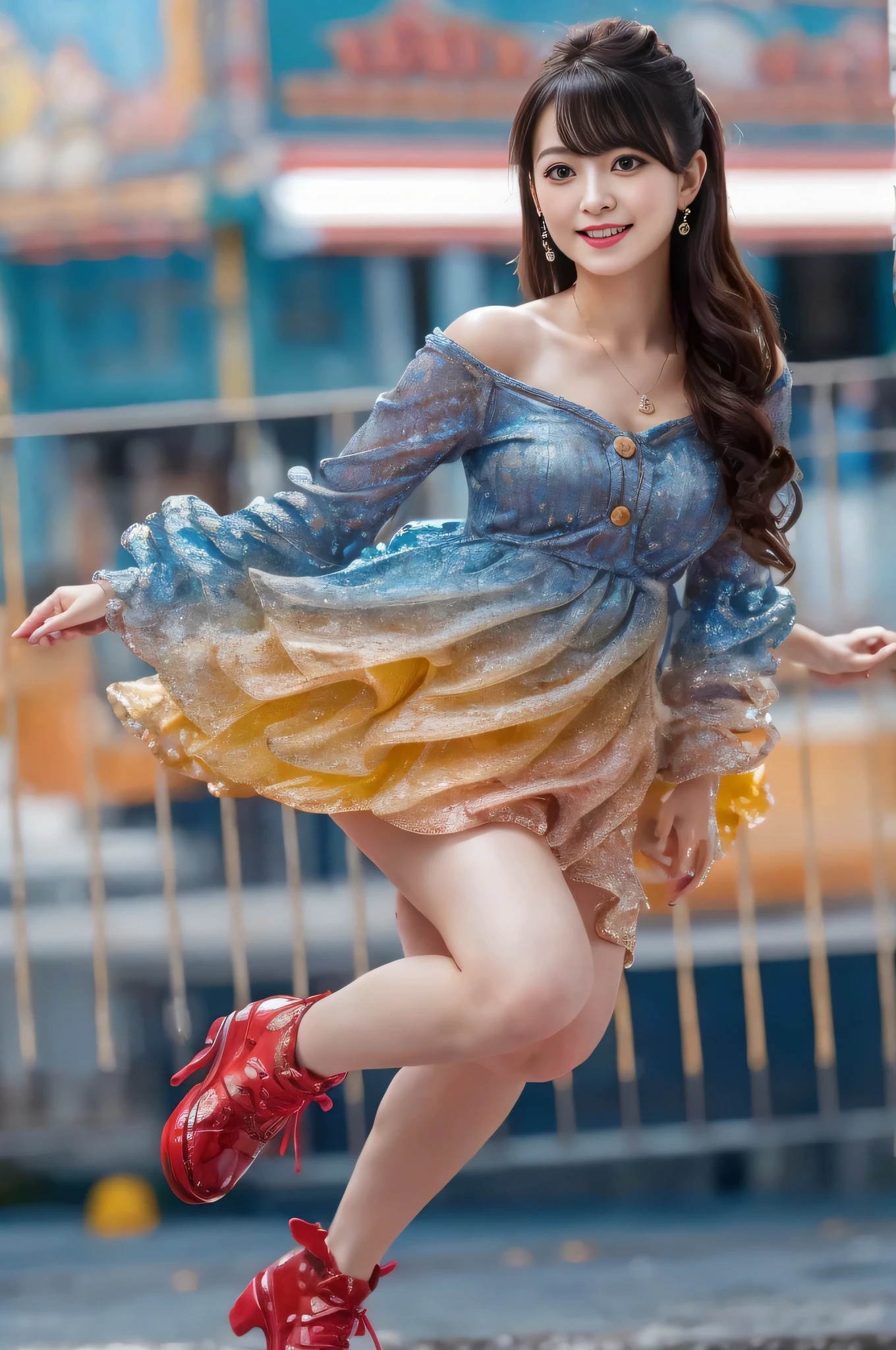 (Best Quality, 4K, 8K, High Definition, Masterpiece: 1.2), (Highly Detailed, Realistic, Realistic: 1.37), (Photorealistic: 1.2), Sharp Focus, Seductive Young Girl, , Accurate anatomy, full body shot, long curly hair, brown hair, wearing a cute red and yellow sparkly dress, cute socks and red shoes, skipping with a cute smile, seductive big eyes, details Even eyes, beautiful face, detailed and perfect face, skip (random pose, changing pose, dynamic angle,), hyper-realistic face that draws the viewer in, a work of art, vibrant depiction, soft light , Ambient lighting, Amusement park, Audience, (Depth field: 1.3), (((Blur))),