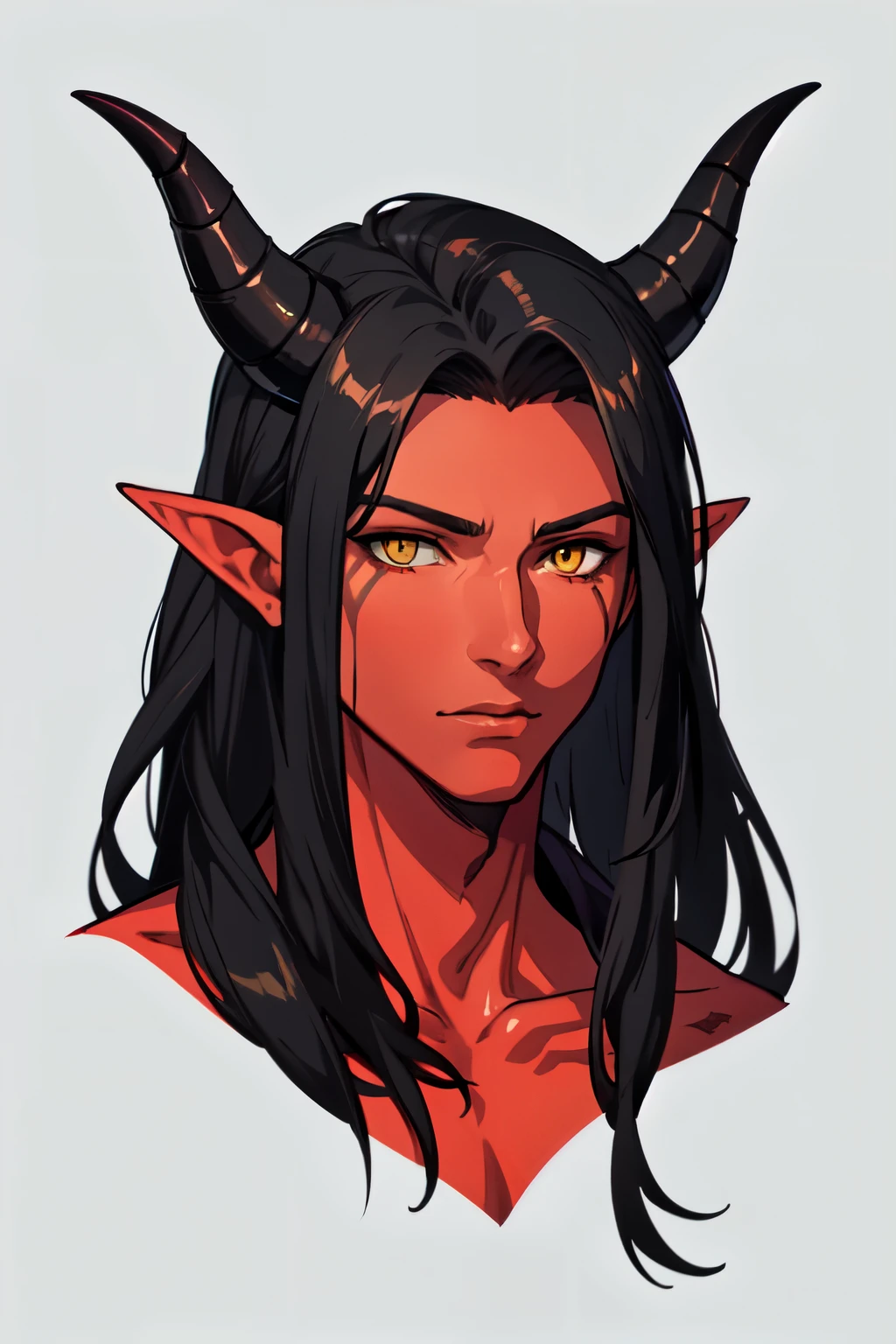 there is a drawing of a male tiefling with long black hair, dnd portrait of a tiefling,  red skin,  handsome,  portrait of a dnd character, colored lineart,  detailed high quality masterpiece, yellow eyes, straight and tall black horns