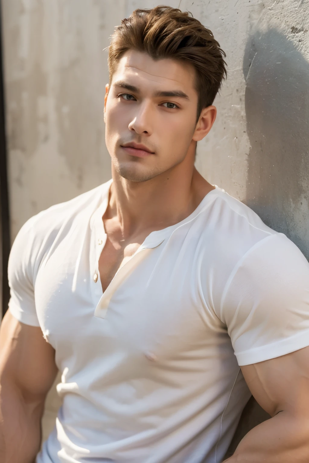 a close up of a man with a shirt on leaning against a wall, big chest, mid-shot of a hunky, strong masculine features, attractive beefy man, dylan cole, bare chest, attractive male, handsome male, fluffy chest, chest and face, muscular men, muscular chest, jock, beautiful handsome body, beefcake pose, sexy masculine