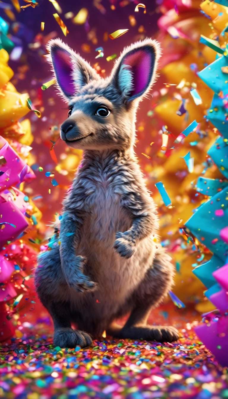 During the festival,Cute rainbow colored kangaroo playing excitedly in a cloud of colorful confetti, Confetti falling around happy puppy, Ultra Detailed, Delicate matte, Unreal Engine 5, Beautiful composition, dark, excellent, Intricate details, Fantasy concept art, 8k resolution, HD resolution