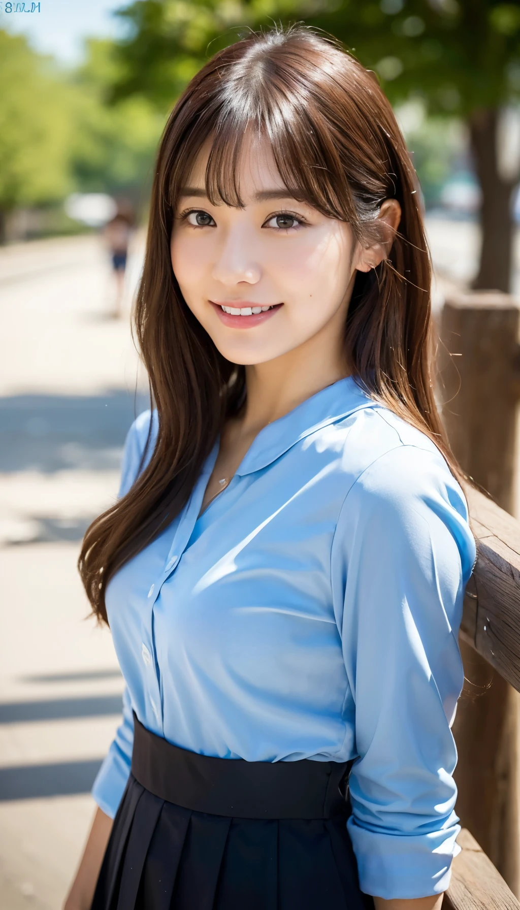 (8K、top-quality、​masterpiece、超A high resolution、High Definition Face:1.3)、portlate、(20 years girl:1.3)、bokeh dof、frontage、 Genius genius smile、ultra-detailliert、ultra res、(realisitic、rialistic photo:1.37)、high-definition RAW color photography、Professional Photography、highly detailed and beautiful、ighly detailed、8K Picture Wallpaper、amazing detailed、huge filesize、Official art、Highly detailed CG Unity 8K wallpapers、highly detailed beautiful girl、extra detailed face、extremely detailed eye、highlydetailed skin、extremely detailed fingers、highly detailed nose、very detailed detailed mouth、Perfect Anatomy、Highly detailed clothing、1 girl、(18:1.2)、Teen、Cute  s、famous Japan idol、cute little、Realistic body、、de pele branca、glistning skin、Slim body、Handsome body、brown haired、(Blunt bangs:1.2)、Classic wavy long hair、 (nffsw:1.3),A smile、kawaii、zora々Right、kawaii faces、Lifelike face、Delicat eyes、Sauce order、The shirt、skirt by the、Looking at the camera、cowboy  shot、along the river、front facing、Contrapo、public