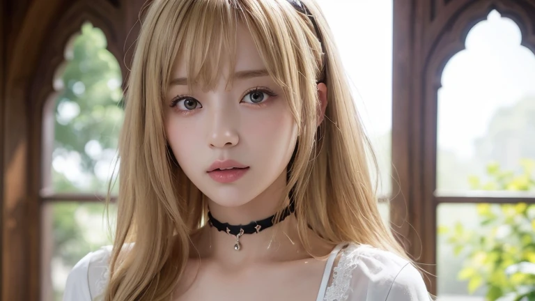(long cut hair, Blonde Hair, bangs:1.2),(Wearing a choker, Wearing a blouse:1.2),1 girl,Japanese,28 years old,(Small breasts:1.3),(highest quality,masterpiece:1.3,超A high resolution,),(Ultra-detailed,Caustics),(Photorealistic:1.4,RAW shooting,)Ultra-Realistic Capture,Very detailed,High resolution 16K human skin close-up。 Natural skin texture、,Pores、、It needs to be detailed enough to be easily identifiable。 Skin should be even-toned and healthy looking。 Use natural light and colour, Sad expression, Looking at the camera, Perfect dynamic composition, Inside the church