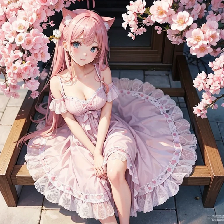 Cat with pink ribbon、Pink Hair、masterpiece, highest quality,Kimoto_cherry blossoms, Girly style, Lace dress, ballet flats, delicate accessories, Young and beautiful girl, Super detailed, Official Art, unity 8k wallpaper, (Fashion magazine cover:1.3), ..