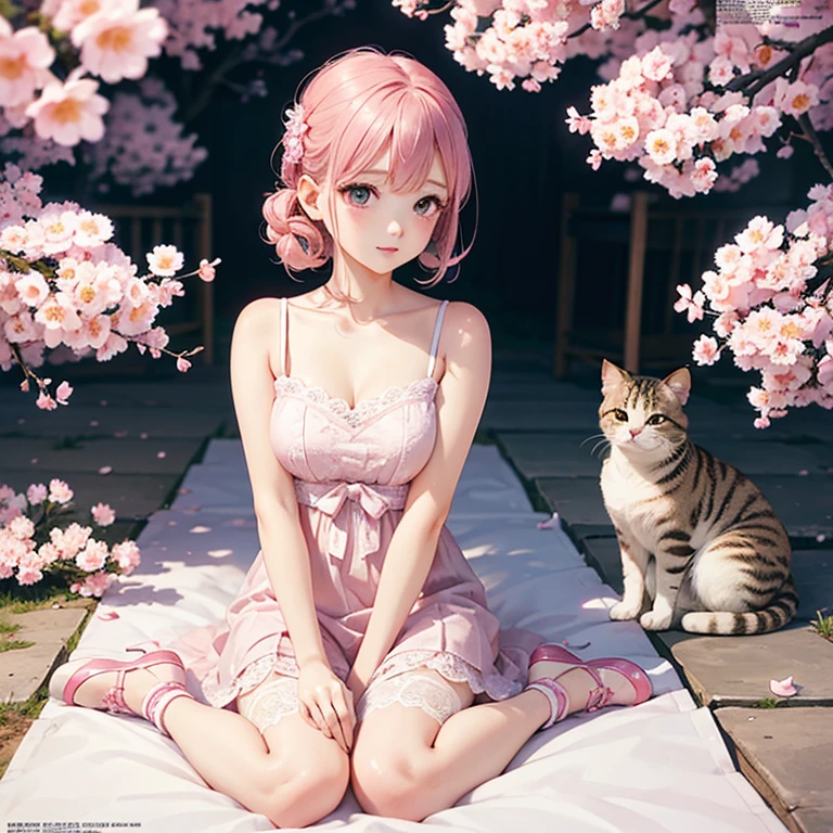 Cat with pink ribbon、Pink Hair、masterpiece, highest quality,Kimoto_cherry blossoms, Girly style, Lace dress, ballet flats, delicate accessories, Young and beautiful girl, Super detailed, Official Art, unity 8k wallpaper, (Fashion magazine cover:1.3), ..