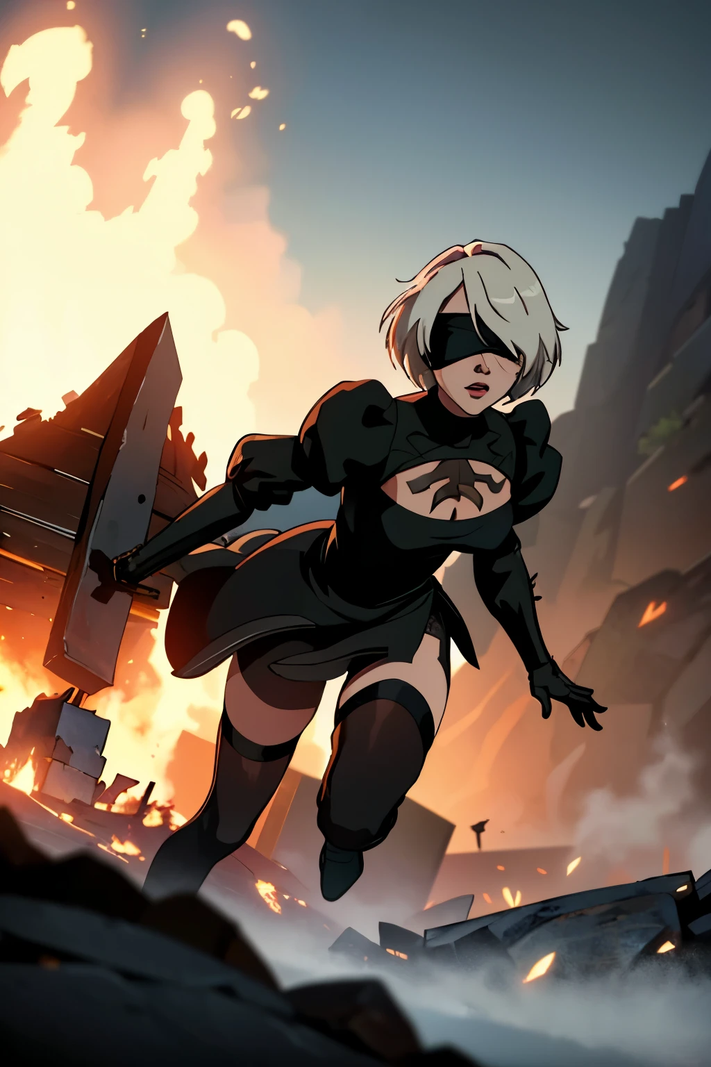 wide shot, half body, high detail, masterpiece, 4k wallpaer, poster, cinematic framing and lighting, n_2b with blindfold, 2b from nier automate, sprinting fast, dramatic action pose, ruined background with smoke and embers