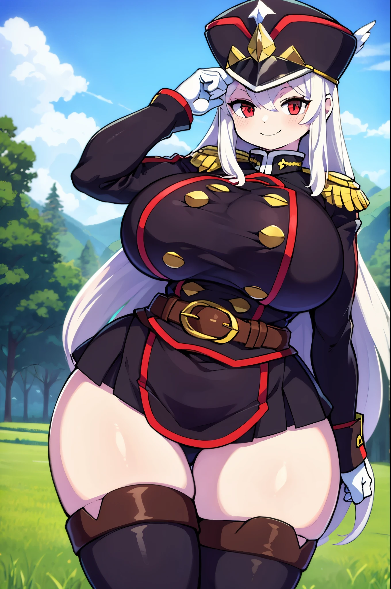 1girl, (((human))), (((huge breasts, massive hips, massive thighs))), (long white hair), (red eyes), smile, blushing, (full body display), posing, smile, blushing, open field, park, thighhighs, gloves, hat, boots, belt, sword, uniform, zettai ryouiki, military, military uniform, thigh boots, shako cap,
