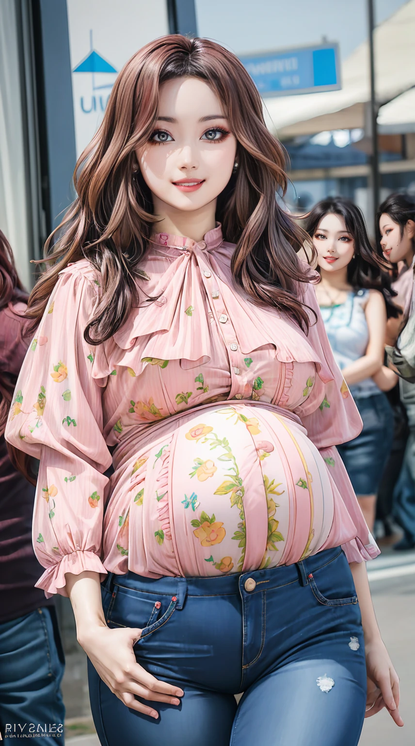 (best quality, masterpiece, very detailed, realistic:1.3), wavy hair, wide hips, pregnancy, printed blouse, jeans, city park
