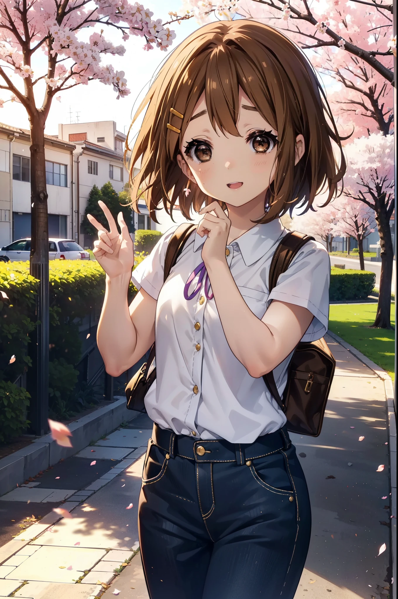 yuihirasawa, Yui Hirasawa, short hair, brown hair, hair ornaments, (Brown eyes:1.5), happy smile, smile, Open your mouth,Hair Clip,Oversized vest waistcoat clothing　The front is open,Tank top shirt,skinny pants,Stiletto heels,Cherry blossoms are blooming,Cherry blossoms are scattered,Cherry blossom tree-lined path,evening,sunset,The sun is setting,
break outdoors,School　School building,
break looking at viewer, (Cowboy Shot:1.5),
break (masterpiece:1.2), highest quality, High resolution, unity 8k wallpaper, (figure:0.8), (Beautiful fine details:1.6), Highly detailed face, Perfect lighting, Highly detailed CG, (Perfect hands, Perfect Anatomy),