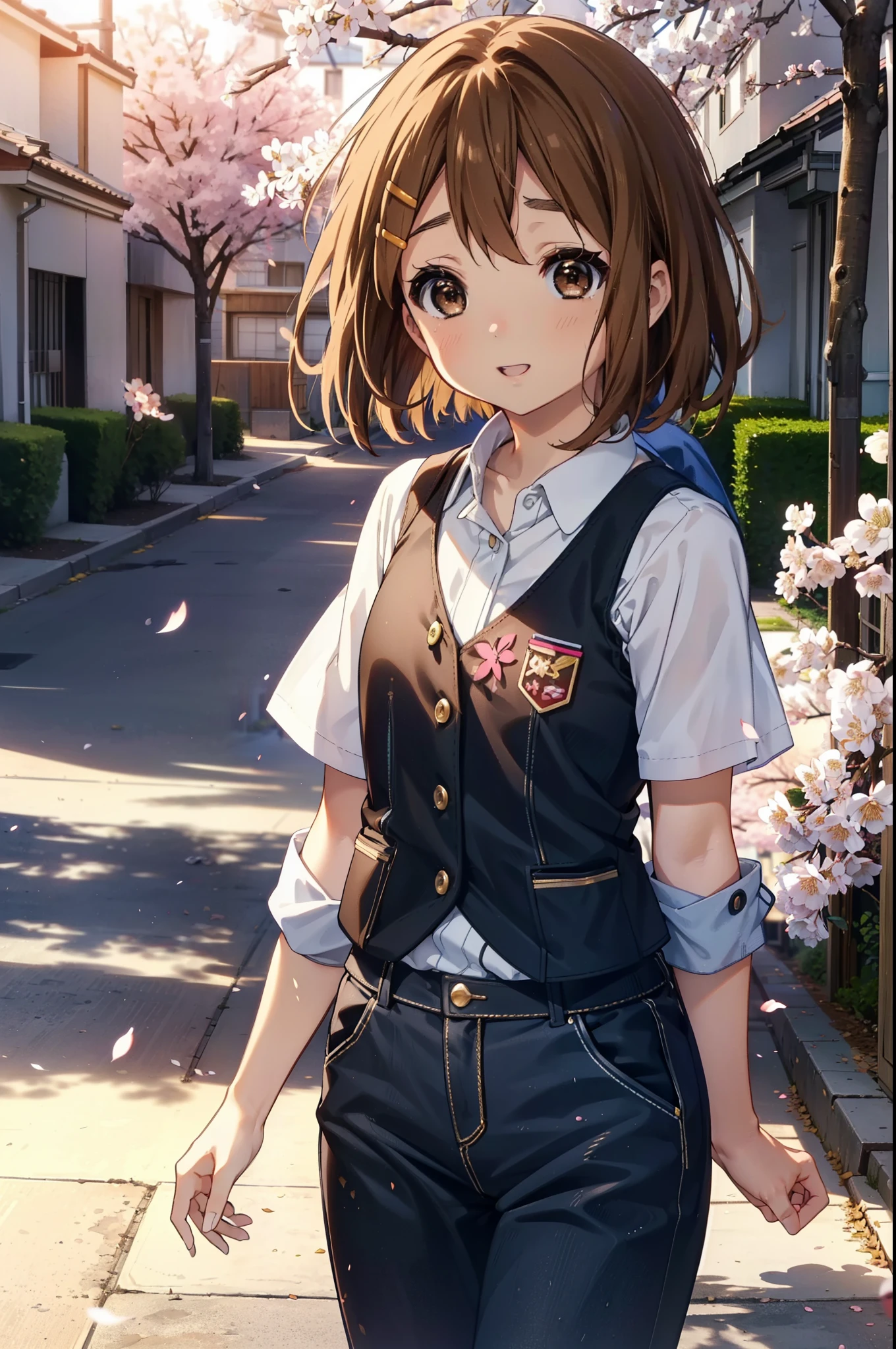 yuihirasawa, Yui Hirasawa, short hair, brown hair, hair ornaments, (Brown eyes:1.5), happy smile, smile, Open your mouth,Hair Clip,Oversized vest waistcoat clothing　The front is open,Tank top shirt,skinny pants,Stiletto heels,Cherry blossoms are blooming,Cherry blossoms are scattered,Cherry blossom tree-lined path,evening,sunset,The sun is setting,
break outdoors,School　School building,
break looking at viewer, (Cowboy Shot:1.5),
break (masterpiece:1.2), highest quality, High resolution, unity 8k wallpaper, (figure:0.8), (Beautiful fine details:1.6), Highly detailed face, Perfect lighting, Highly detailed CG, (Perfect hands, Perfect Anatomy),