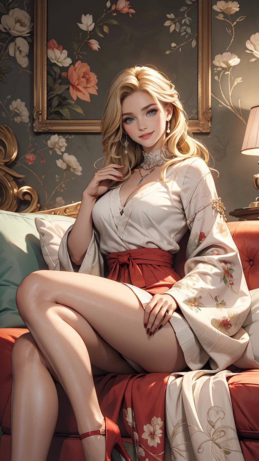 (highest quality, High resolution, masterpiece :1.3), 25-year-old Caucasian female、Platinum Blonde、blue eyes、Semi-long hair、My hair is wavy、smile、Slim but well-defined figure、I want my head to stay off screen、Wearing red nail polish、I have a peticure、smile、She's wearing a high-neck sweater dress、I'm wearing high heels、in front of an old concrete wall、smile、Arms crossed、Pastel Green Wallpaper、sit on a sofa in a luxurious living room、smile、chest emphasis、Cleavage Emphasis