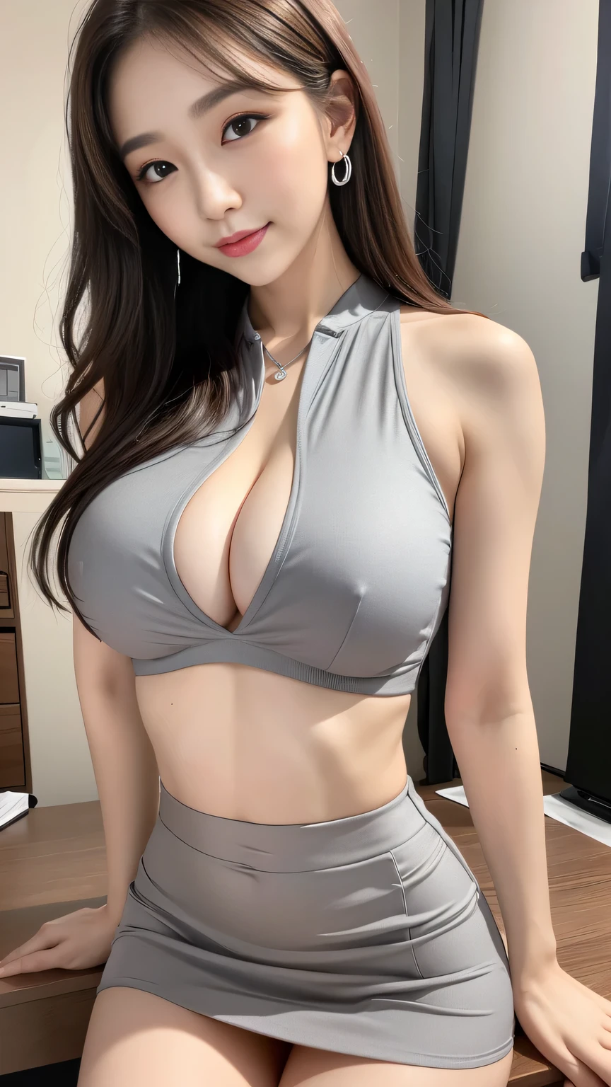 realistic, (1 woman), beautiful, amazing face and eyes, assembly, (very detailed beautiful 얼굴), Seductive smile, earring, pendant, (best quality:1.4), (very detailed), (very detailed CG integrated 8k wallpaper), The background is an office with a desk, standing on all fours on a desk, back, Turn your head and look at the camera, very detailed, RAW photos, professional photography, (menswear, Silver gray micro mini skirt:1.2), (very large breasts), (No Braza), nipple shape, slightly transparent top, (A business shirt with a wide open chest), (Spread your legs wide), show your white panties, Show your beautiful back, Lowering your upper body. (View below:1.2), knee height camera, panty shot,