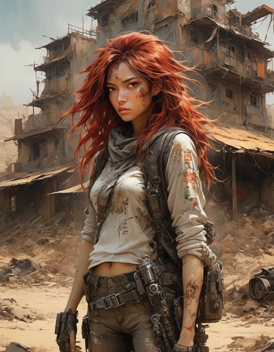 UHD, masterpiece, textured skin, high details, high quality, award winning, best quality, highres, 16k， 
in style of Alice Pasquini，Post-apocalyptic wasteland，（A very beautiful and powerful heroine in the doomsday world），Mecha Clothing，Extra long red hair，Beautiful Asian face，, mechanical, Glass mask passes light through, Delicate skin texture, Determined gaze，It&#39;s the scorching sun and strong wind，Yellow sand rolling，The broken eaves and broken walls are everywhere, and the scene is desolate.。In a post-apocalyptic environment，Regardless of appearance or practicality，Everything is for survival，Exaggeration in appearance，Can make enemies feel fear。Many items are basically worn out.，Rust，The form of splicing，Add splash graffiti to create the environment of a wasteland world。Elements such as neon lights will often appear in Post-apocalyptic wasteland。The most important point is that the wasteland world is a world after the collapse of technological civilization.，Productivity setbacks，Material resources are extremely scarce，