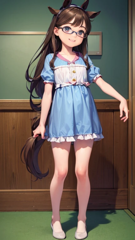 ((masterpiece)),((highest quality)),((Anatomical)),((Realistic)),((Detailed Description)),((cute)),((((Health Room)))),(((One Horse Girl))),(((Beautiful eyes))),((())),(((Petite))),((Bewitching Smile)),(((Victory server))),(((Glasses))),Full body view,