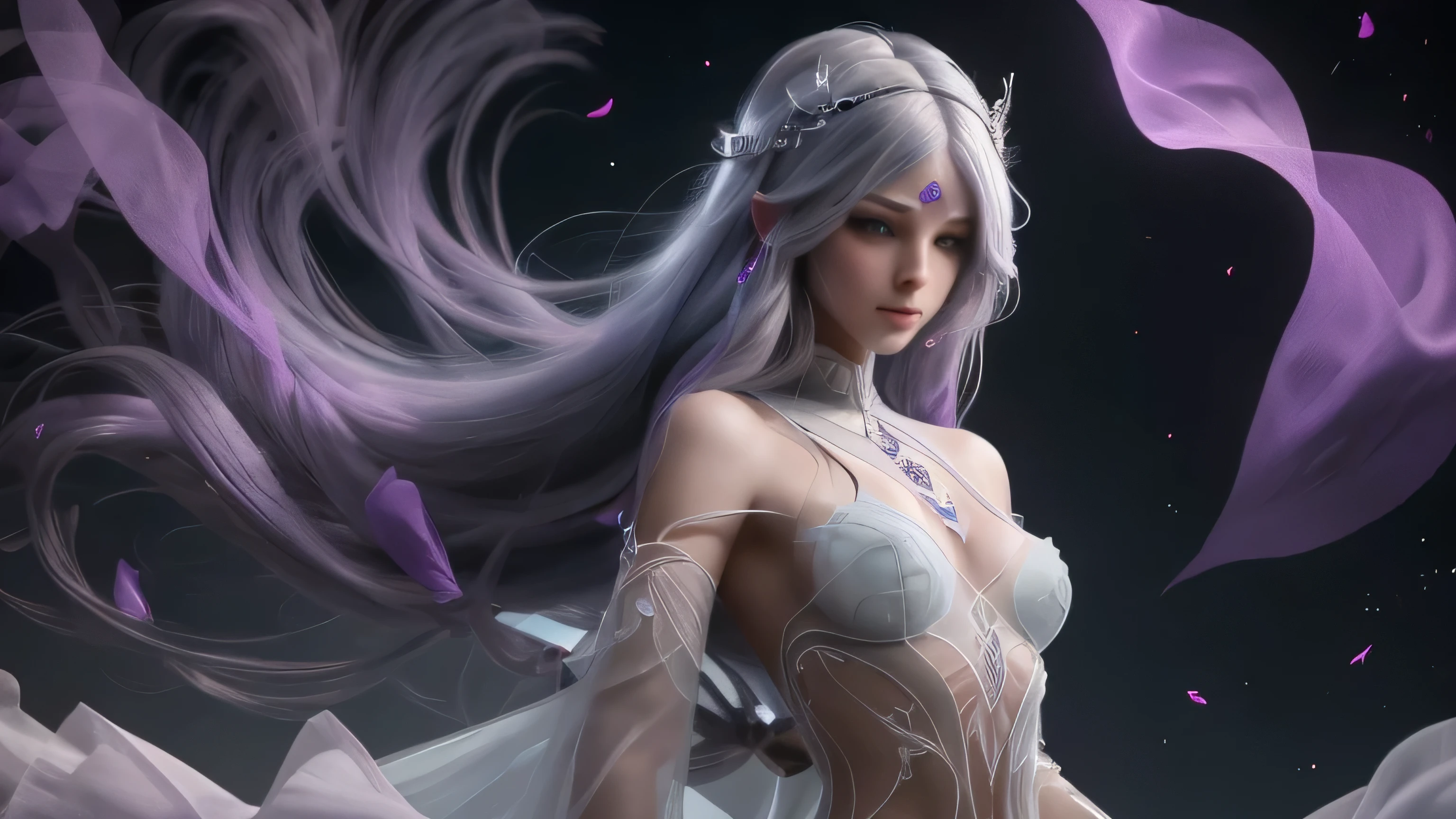 here is a full size siluette, transparent figure of the naked dark shadow ghost of a beautiful silver hair women with purple shining eyes and beautiful face dressed only in thin vail stand in the middle of the fields filled with purple poppies inviting someone by reacing her graceful hand, dark crescent moon shine behind her, illustration, high quality realistic anime art, beautiful spectral women,transparent ghost girl with cute face, purple aura around the ghost body, Lot of ilusorik batterflys fly around the women, full size body, realistic high quality face, high quality seductine face expression, 4k best quality, masterpiece, full body size figure, high quality character design, best quality 4k wallpapers