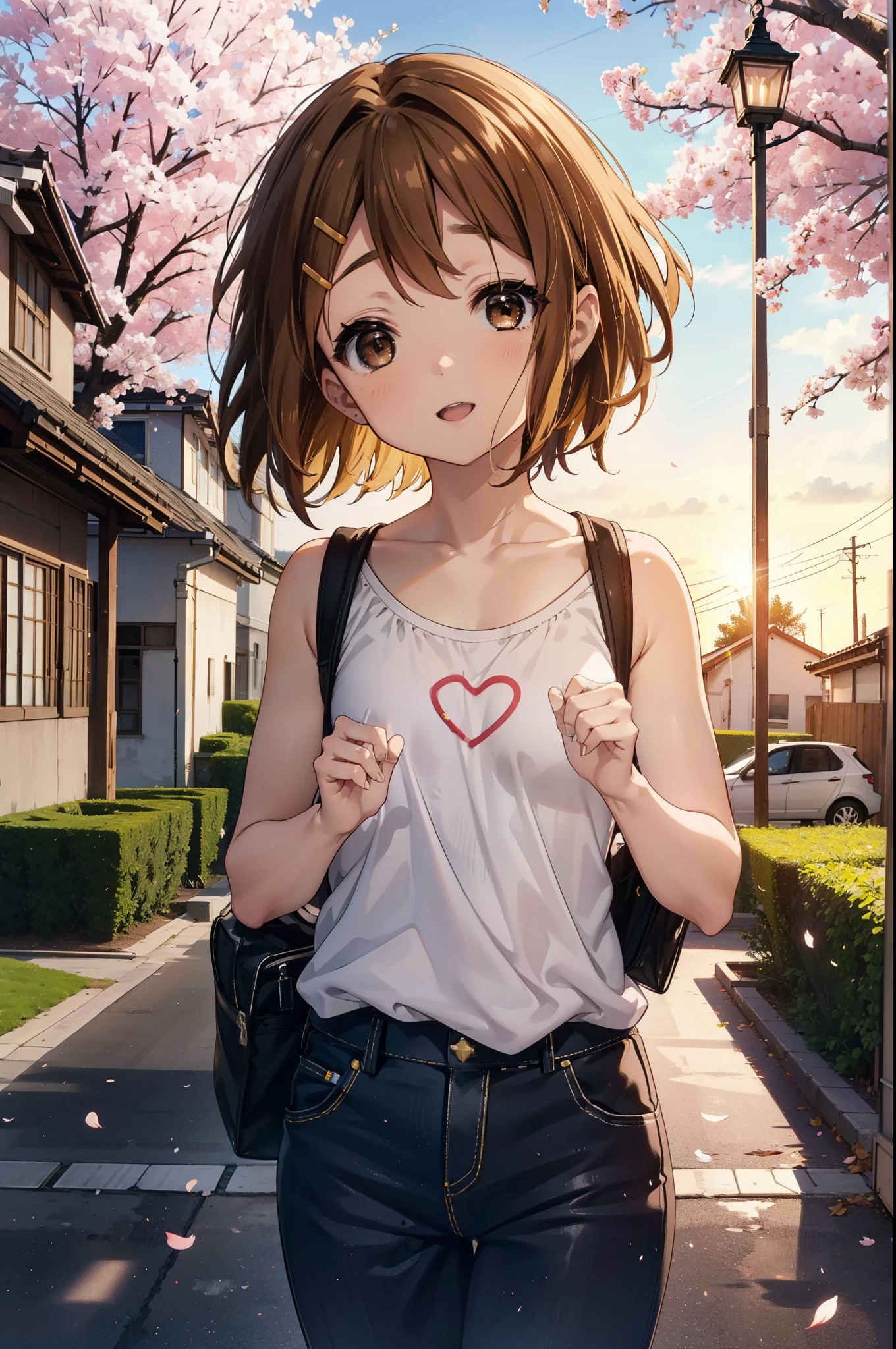 yuihirasawa, Yui Hirasawa, short hair, brown hair, hair ornaments, (Brown eyes:1.5), happy smile, smile, Open your mouth,Hair Clip,Oversized vest　The front is open,Tank top shirt,skinny pants,Stiletto heels,Cherry blossoms are blooming,Cherry blossoms are scattered,Cherry blossom tree-lined path,evening,sunset,The sun is setting,
break outdoors,School　School building,
break looking at viewer, (Cowboy Shot:1.5),
break (masterpiece:1.2), highest quality, High resolution, unity 8k wallpaper, (figure:0.8), (Beautiful fine details:1.6), Highly detailed face, Perfect lighting, Highly detailed CG, (Perfect hands, Perfect Anatomy),