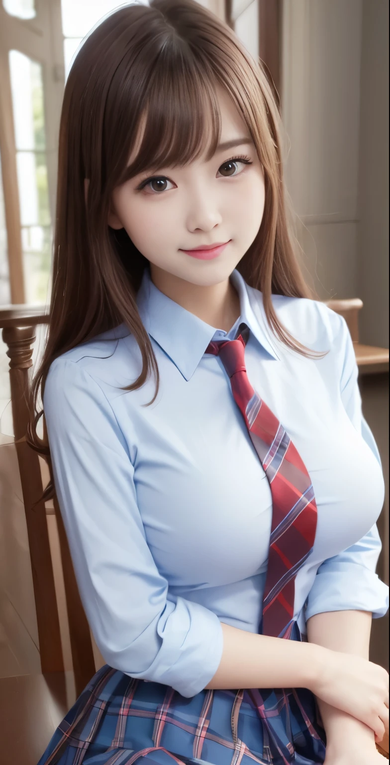 Tabletop、highest quality、 Very detailed、High resolution、8k wallpaper、Perfect dynamic composition,、Fine and beautiful eyes、Big Breasts、(Beautiful breasts:1.25) 、Blue blazer、White shirt、Checkered Skirt、Red tie、 Girl、beautiful girl、brown hair、short hair、、Baby Fa