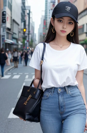 best quality, detailed, beautiful, insanely detailed, absurdres,perfect anatomy,
Japanese woman,black hair,27 years old,
(slender),
(small breasts best quality),
city, a lots of people, tired, walking, looking to the left, white t-shirt, blue jeans, earrings, cap, japanese, in the city, wide shot, dutch angle shot