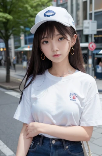 Thai-Vietnamese girl, 16 years old, white t-shirt, embroidery shirt, navy blue jeans. Streetside restaurant backdrop