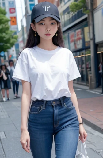 best quality, detailed, beautiful, insanely detailed, absurdres,perfect anatomy,
Japanese woman,black hair,27 years old,
(slender),
(small breasts best quality),
city, a lots of people, tired, walking, looking to the left, white t-shirt, blue jeans, earrings, cap, japanese, in the city, wide shot, dutch angle shot