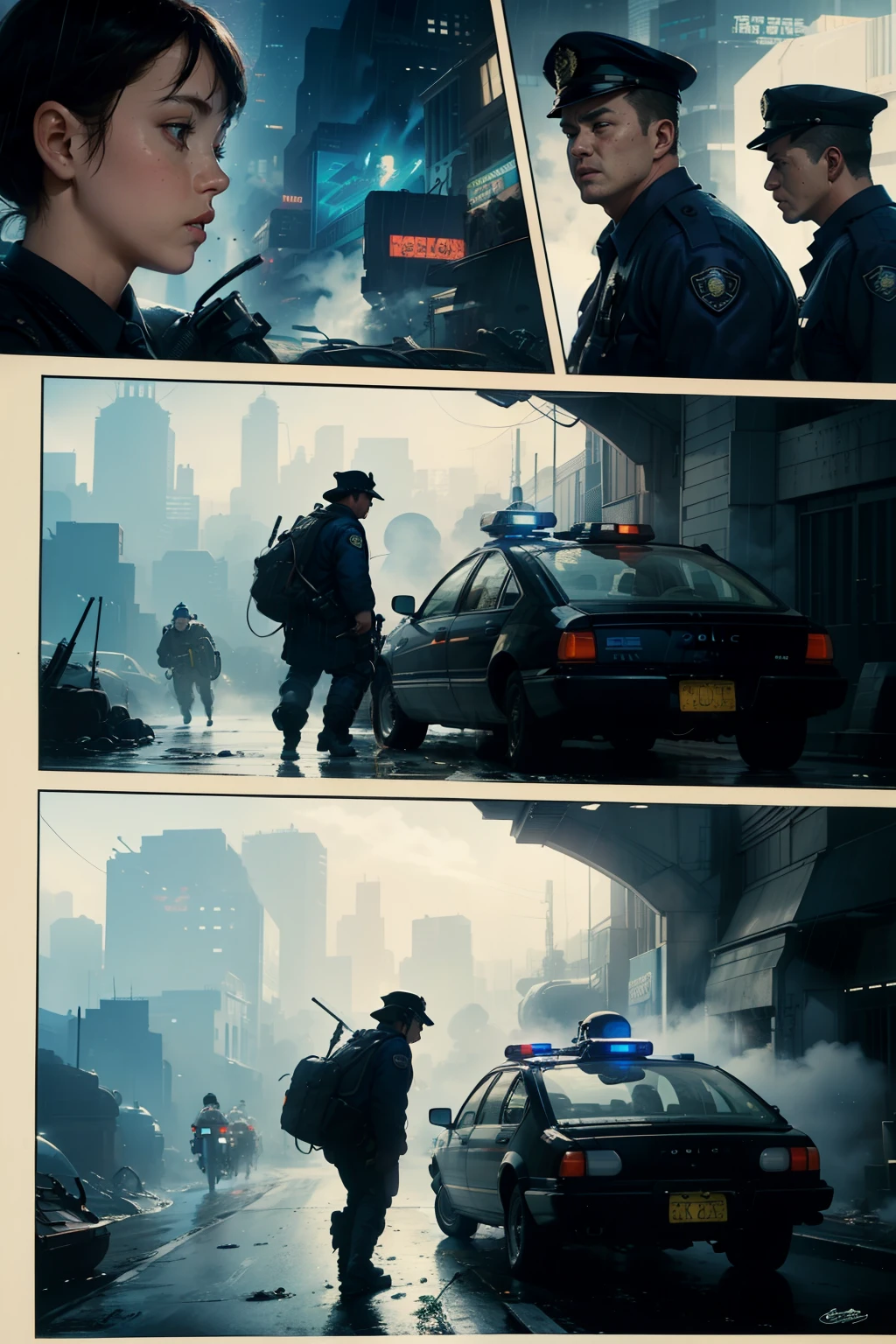 ((highest quality)), ((masterpiece)), (be familiar with), (High definition), (Accurate), (Realistic), (Cinematic), (Best Shadow), (Low contrast), (8K), Perfect Face, ((SYD MEAD style)), manga、mangaデザイン、Storyboard、Frame division、(Two police officers from the Metropolitan Police Department)、((A middle-aged inspector and a young constable))、((Police are searching for a woman:1.2))、The young police officer is disgusted.、congestion, congestion, Decadent Future City, NEO TOKYO, A.D.2051, (steam:1.2), It's raining white, evening, 
