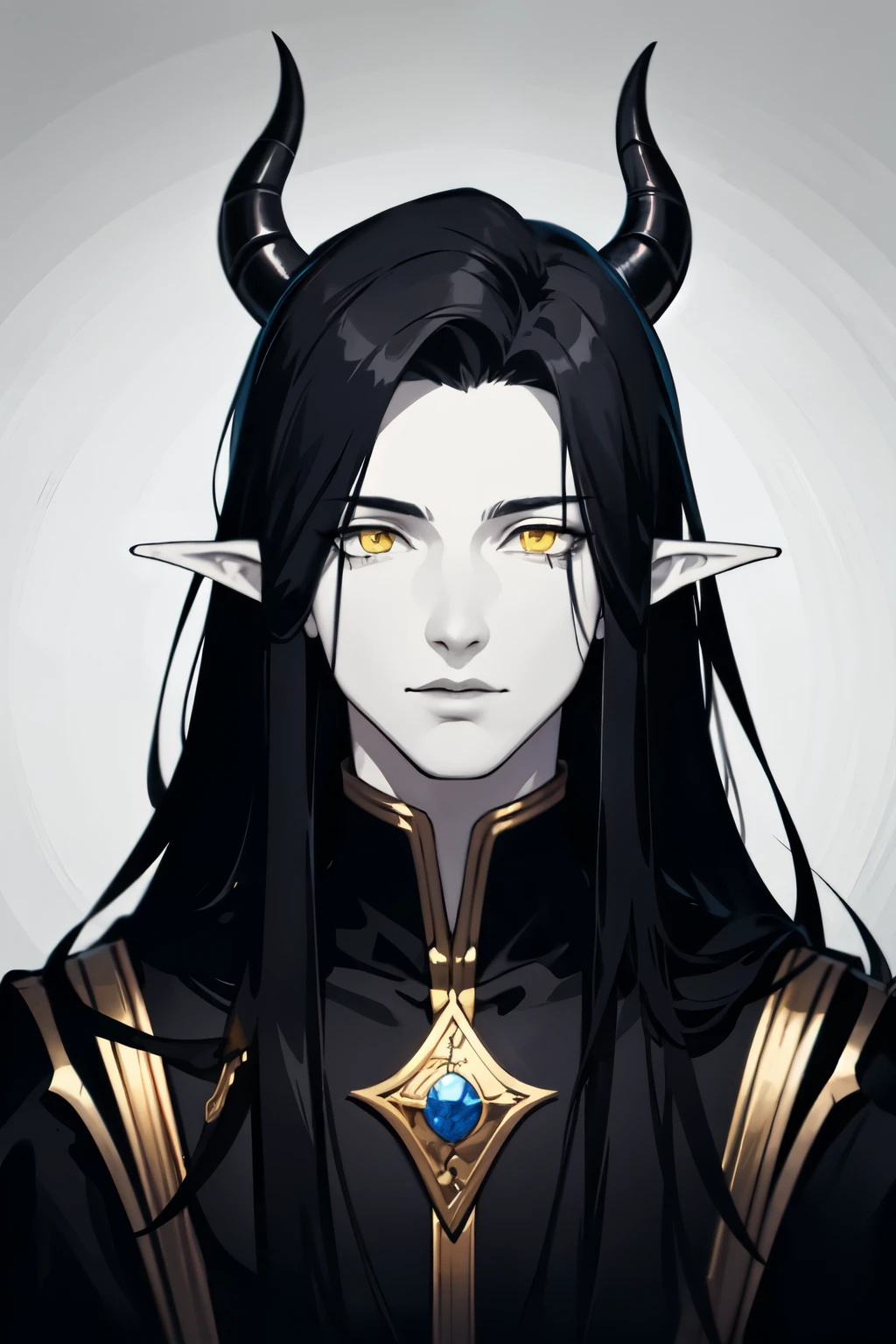 there is a drawing of a male tiefling with long black hair, dnd portrait of a tiefling, red skin, handsome, portrait of a dnd character, colored lineart, detailed high quality masterpiece, yellow eyes, straight vertical and tall black horns