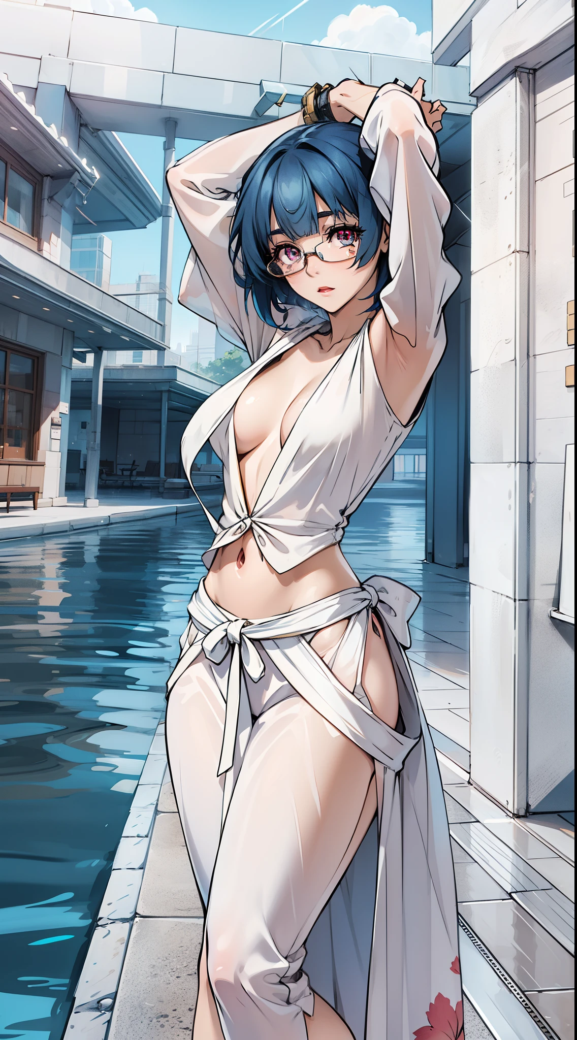 sarashiki kanzashi,1girl,solo,short hair,blue hair,red eyes,glasses,bangs,medium hair,
BREAK (masterpiece:1.2), best quality, high resolution, unity 8k wallpaper, (illustration:0.8), (beautiful detailed eyes:1.6), extremely detailed face, perfect lighting, extremely detailed CG, (perfect hands, perfect anatomy),
