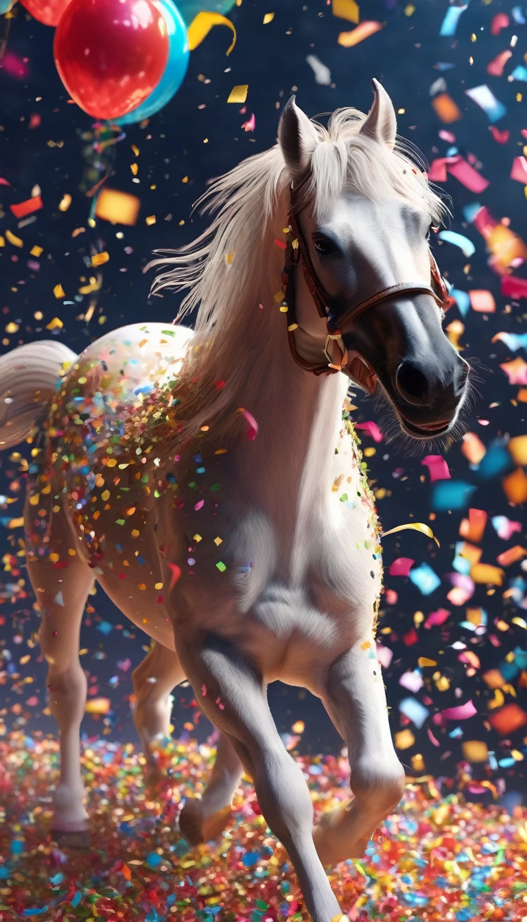 During the festival，Cute horse playing excitedly in confetti cloud, Confetti falling around happy puppy, Ultra Detailed, Delicate matte, Unreal Engine 5, Beautiful composition, dark, excellent, Intricate details, Fantasy concept art, 8k resolution, HD resolution