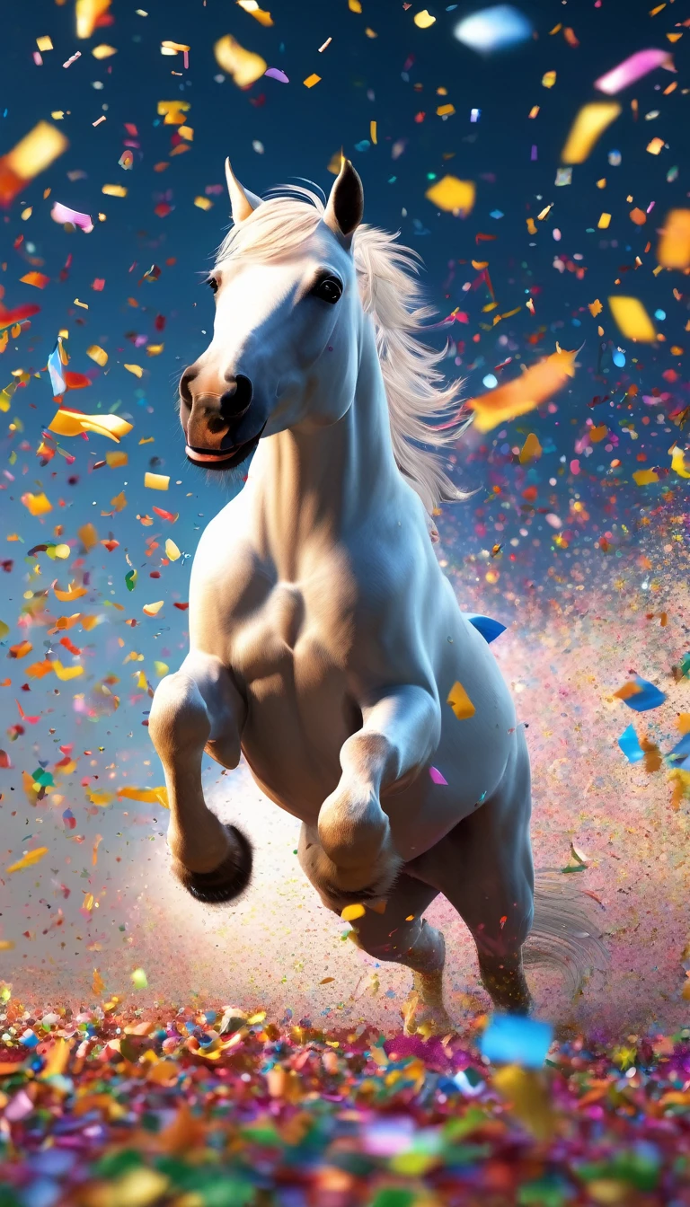During the festival,Cute horse playing excitedly in confetti cloud, Confetti falling around happy puppy, Ultra Detailed, Delicate matte, Unreal Engine 5, Beautiful composition, dark, excellent, Intricate details, Fantasy concept art, 8k resolution, HD resolution