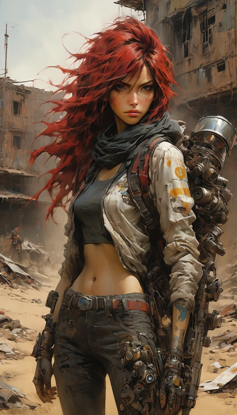 UHD, masterpiece, textured skin, high details, high quality, award winning, best quality, highres, 16k， 
in style of Alice Pasquini，Post-apocalyptic wasteland，（A very beautiful and powerful heroine in the doomsday world with a gun），Mecha Clothing，Extra long red hair，Beautiful Asian face，, mechanical, Glass mask passes light through, Delicate skin texture, Determined gaze，It&#39;s the scorching sun and strong wind，Yellow sand rolling，The broken eaves and broken walls are everywhere, and the scene is desolate.。In a post-apocalyptic environment，Regardless of appearance or practicality，Everything is for survival，Exaggeration in appearance，Can make enemies feel fear。Many items are basically worn out.，Rust，The form of splicing，Add splash graffiti to create the environment of a wasteland world。Elements such as neon lights will often appear in Post-apocalyptic wasteland。The most important point is that the wasteland world is a world after the collapse of technological civilization.，Productivity setbacks，Material resources are extremely scarce，