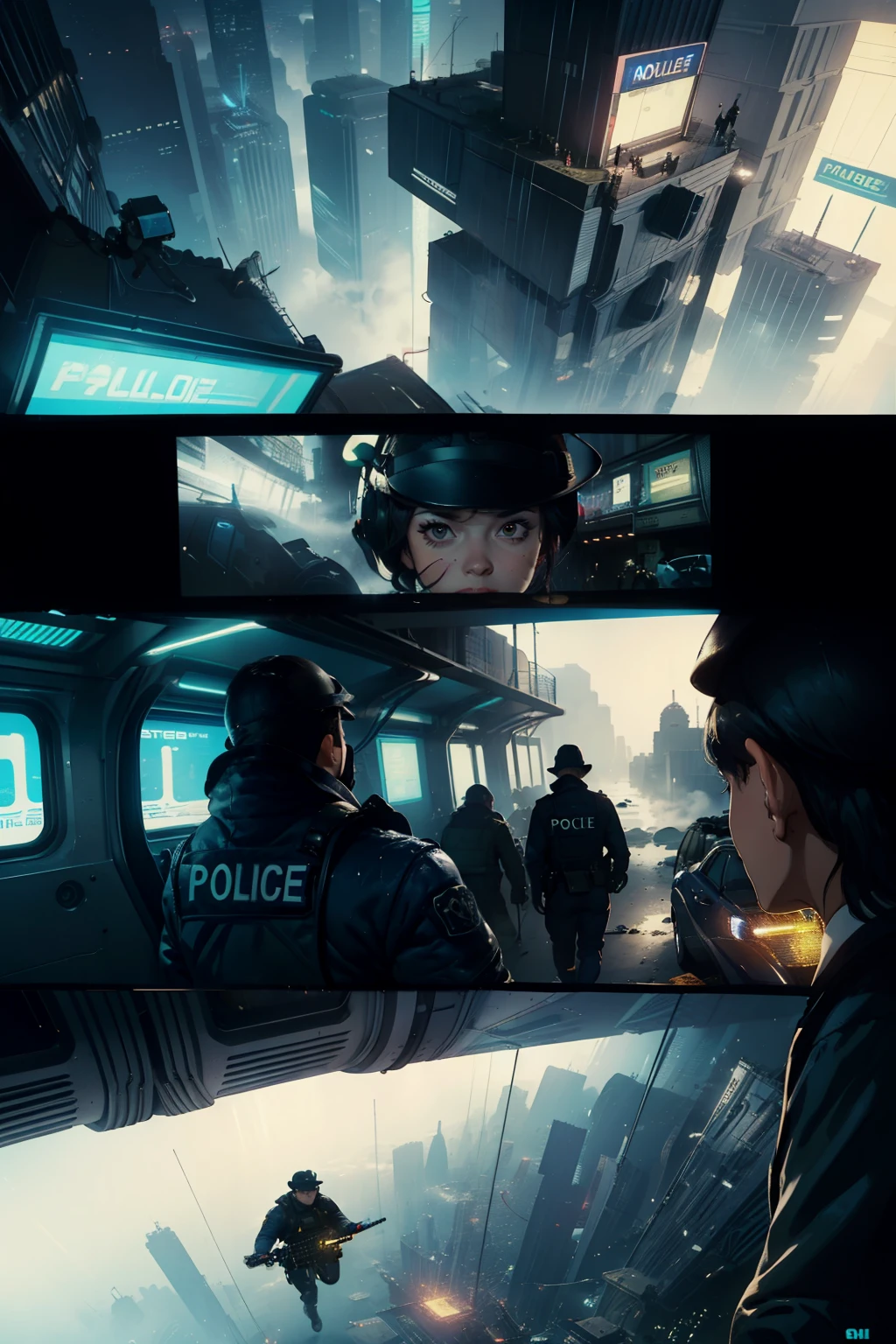 ((highest quality)), ((masterpiece)), (be familiar with), (High definition), (Accurate), (Realistic), (Cinematic), (Best Shadow), (Low contrast), (8K), Perfect Face, ((SYD MEAD style)), manga、mangaデザイン、Storyboard、Frame division、(Two police officers from the Metropolitan Police Department)、((A middle-aged inspector and a young constable))、((Police are searching for a woman:1.2))、The young police officer is disgusted.、congestion, congestion, Decadent Future City, NEO TOKYO, A.D.2051, (steam:1.2), It's raining white, evening,