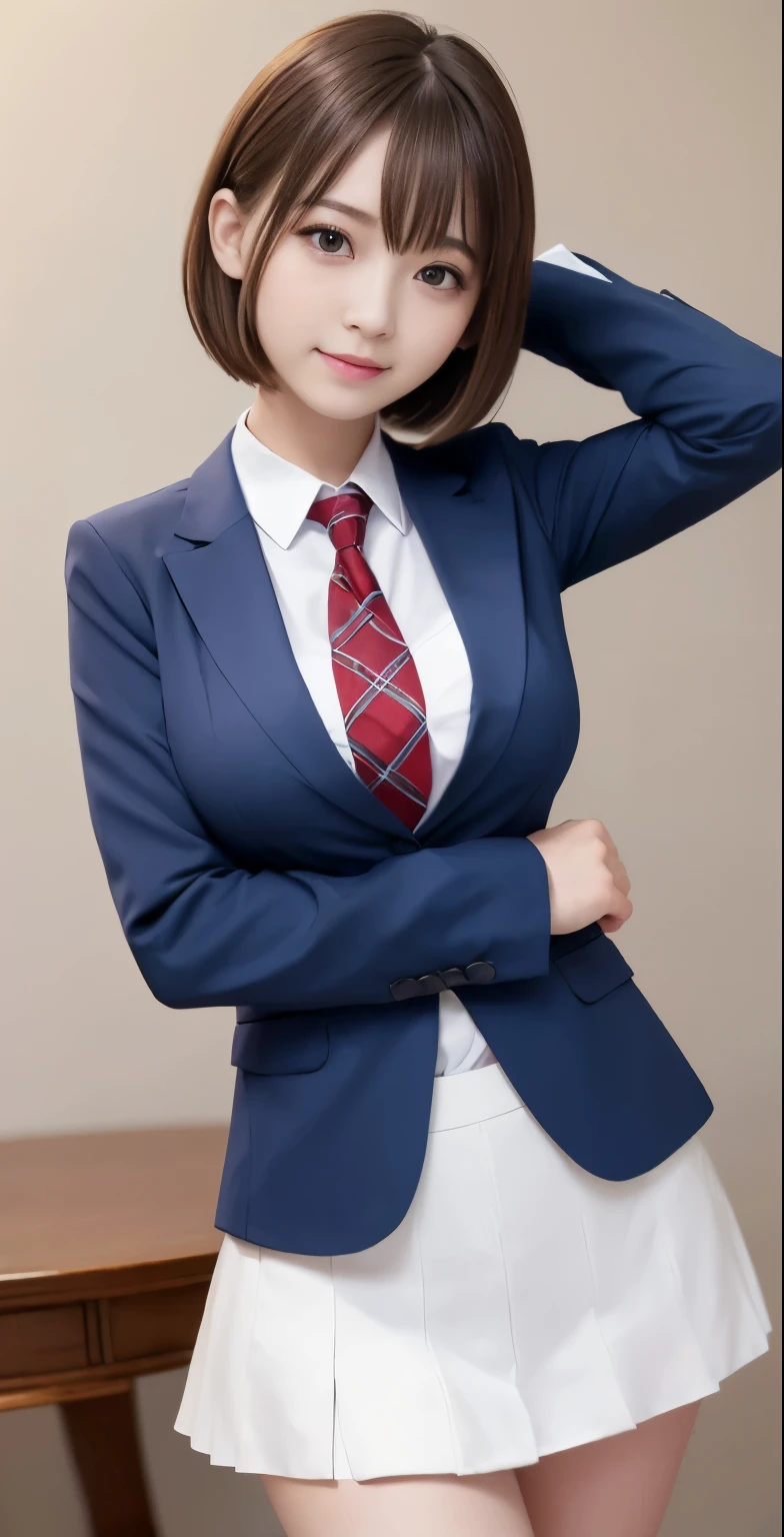 Tabletop、highest quality、 Very detailed、High resolution、8k wallpaper、Perfect dynamic composition,、Fine and beautiful eyes、Big Breasts、(Beautiful breasts:1.25) 、slender、Slim body、Blue blazer、White shirt、Checkered Skirt、Red tie、 Girl、beautiful girl、brown hair、short hair、、Baby Fa