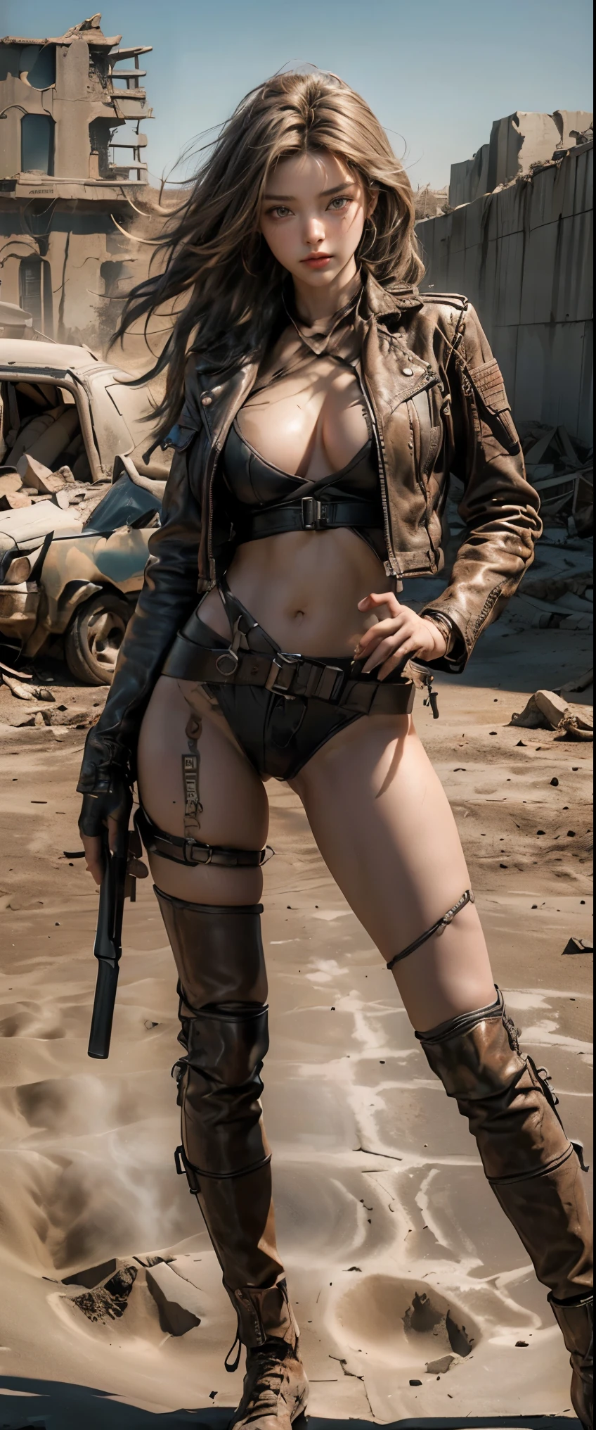 ((masterpiece, highest quality, Highest image quality, High resolution, photorealistic, Raw photo, 8K)), ((Extremely detailed CG unified 8k wallpaper)), (huge stunning goddess shot, very hot and sexy, jaw-dropping beauty, perfect proportions, beautiful body, slim body beauty:1.4), Post-Apocalyptic Wasteland, The world of Mad Max, she wears a leather jacket over his bare skin and holds a shotgun, She has harnesses and bandages all over her body, Amazones, symbol of power, Collapsed buildings are being swallowed by the desert, Ruins hazed with dust and sand,